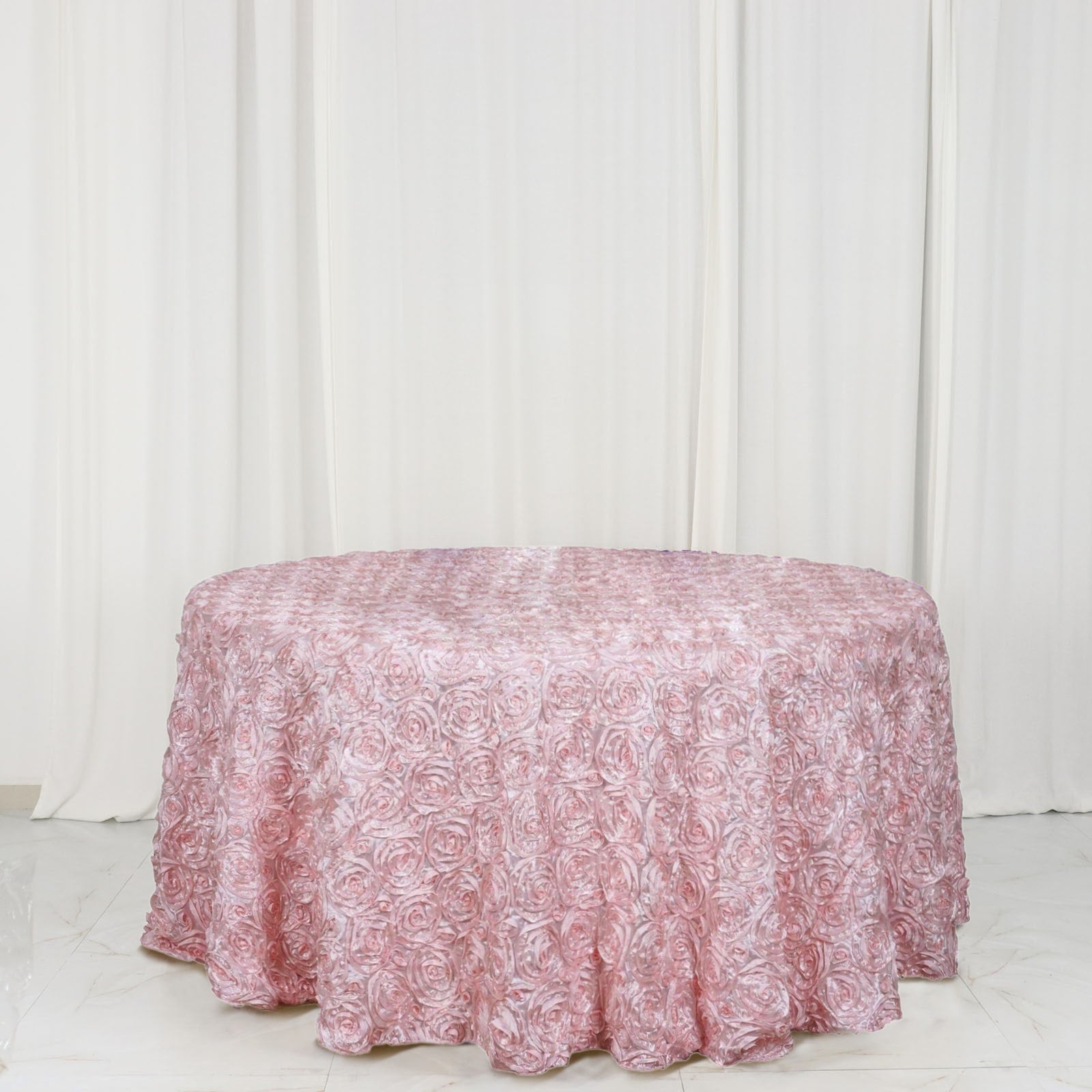 Luxurious Blush Satin 120-Inch Round Tablecloth with 3D Rosette and Seamless Finish