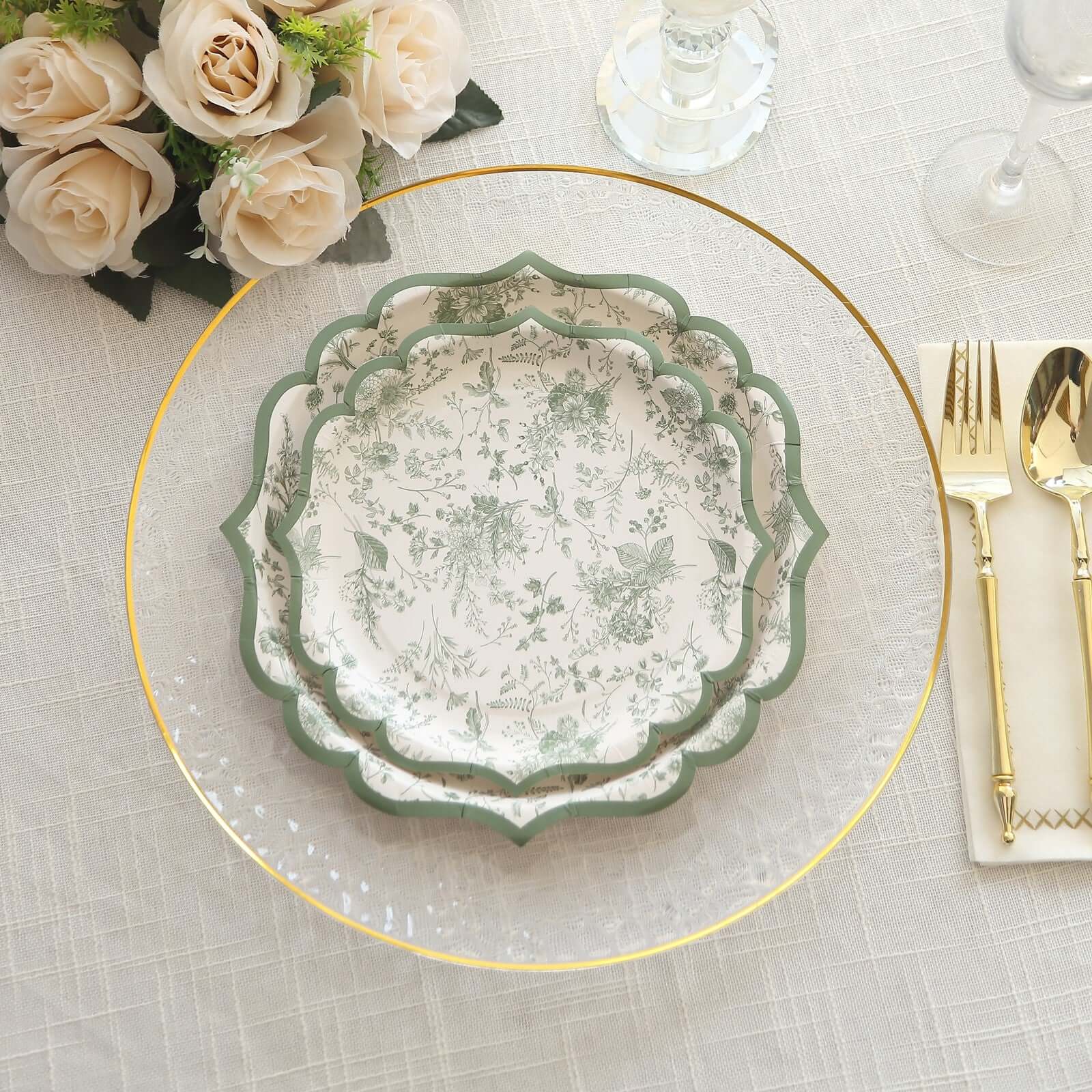 25-Pack Disposable 10-Inch White & Sage Green French Toile Party Dinner Plates - Ideal for Classy Events