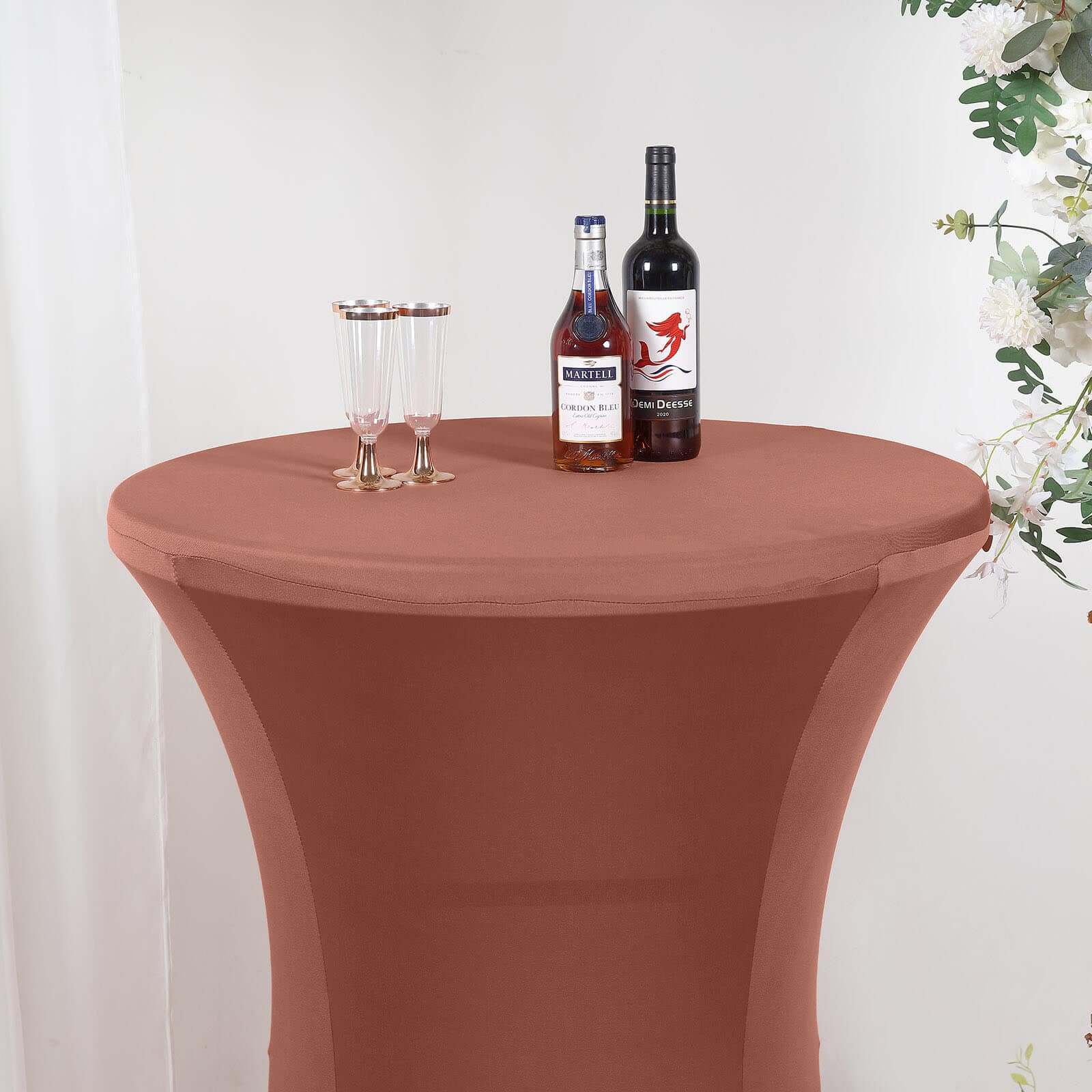 Affordable Stretch Fitted Spandex Cocktail Table Cover in Terracotta (Rust) for 24-32