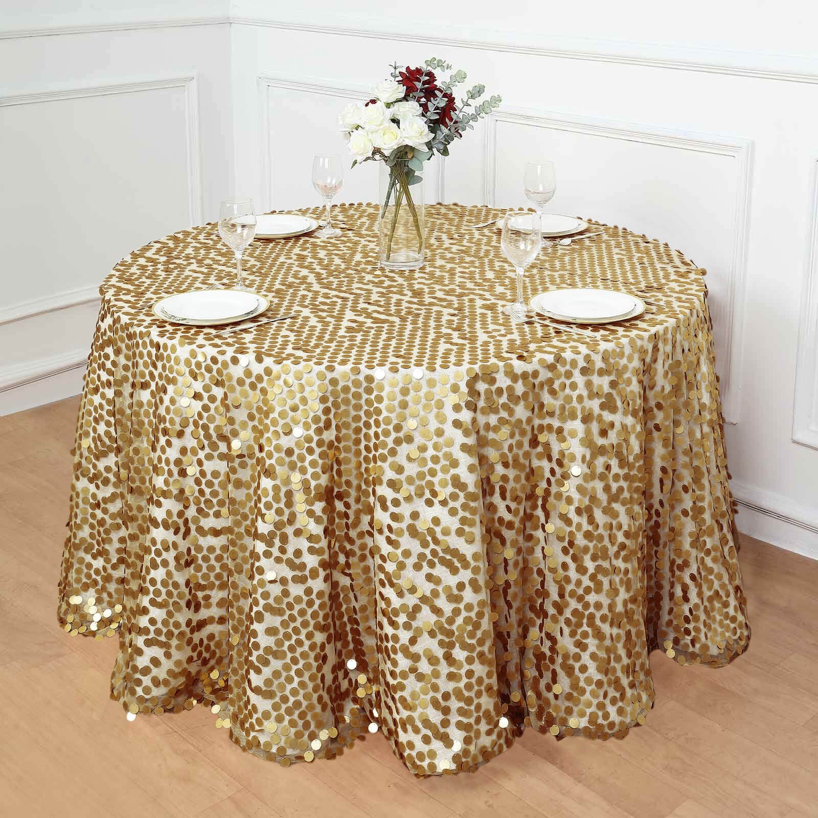 Champagne Sequin Round Tablecloth - 120' Diameter, Seamless for Weddings and Parties