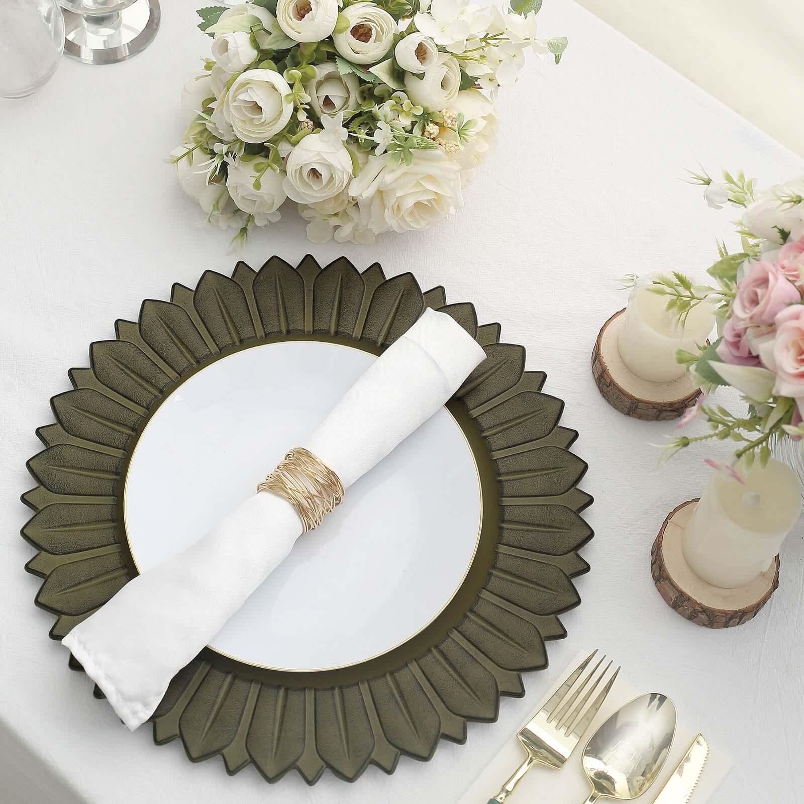 6-Piece Set of 13-Inch Matte Olive Green Plastic Round Charger Plates with Sunflower Rim