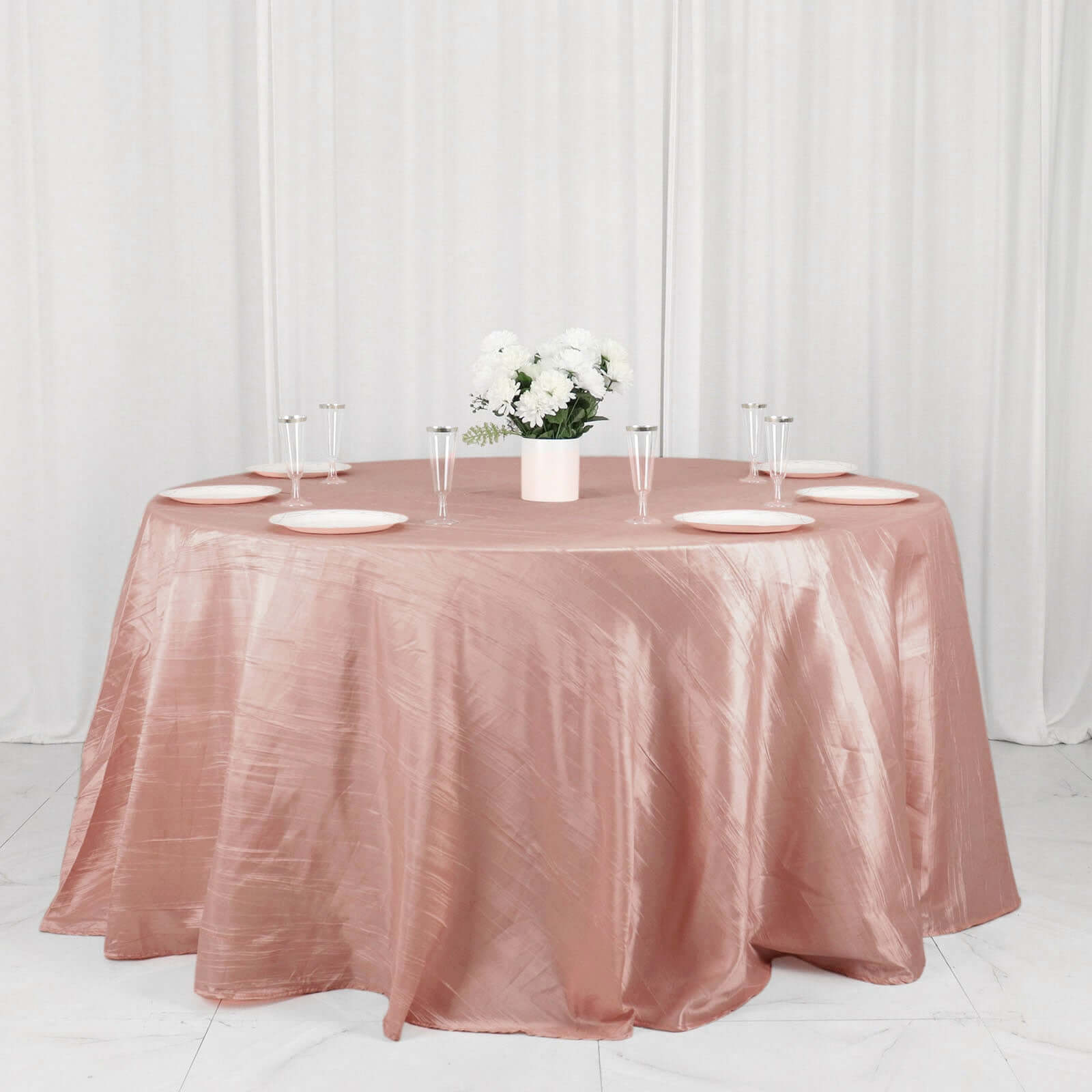 Hot Sale! Seamless Accordion Crinkle Dusty Rose Taffeta 132 Round Tablecloth for Events