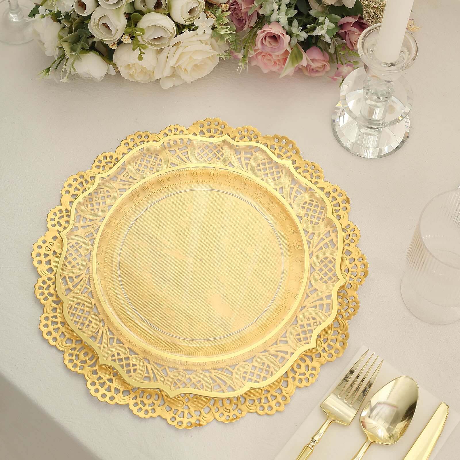 50 Pieces of 12-Inch Gold Food-Grade Lace Paper Round Placemats for Dessert & Table Decor