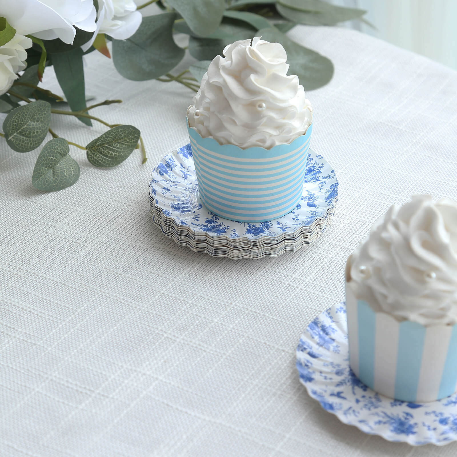 Hot Deal! 100-Pack Disposable White Paper Dessert Plates with Blue French Toile Design & Scalloped Rim