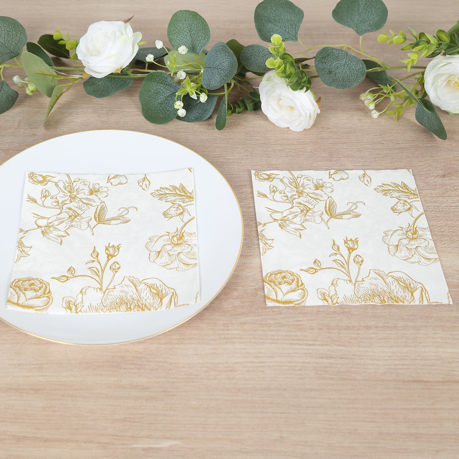 50-Piece Pack of Soft 2-Ply French Toile Floral Patterned Paper Cocktail Napkins in White/Gold - Ideal for Events