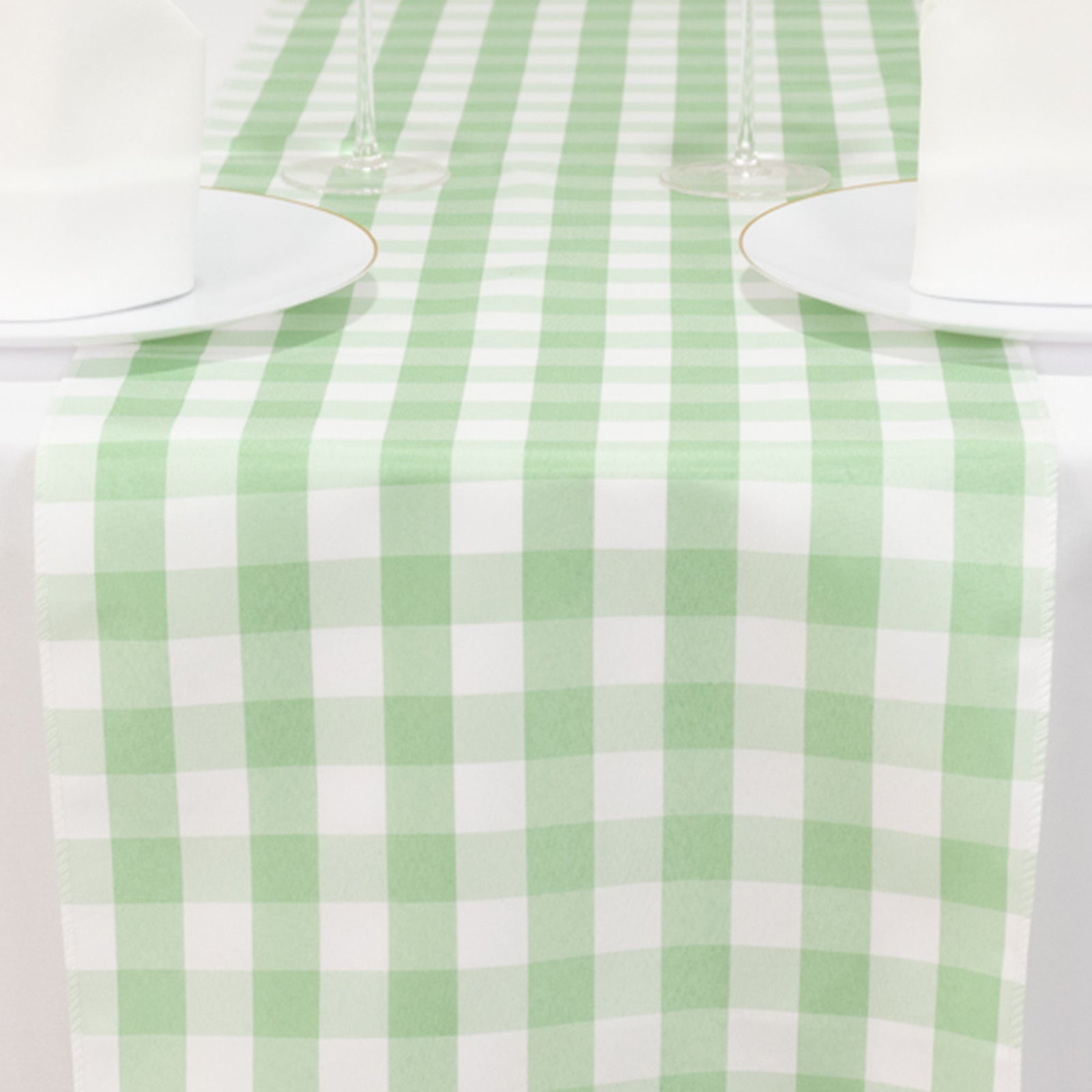 Hot Sale! 14x108 Polyester Table Runner in Sage Green and White Gingham Plaid Design