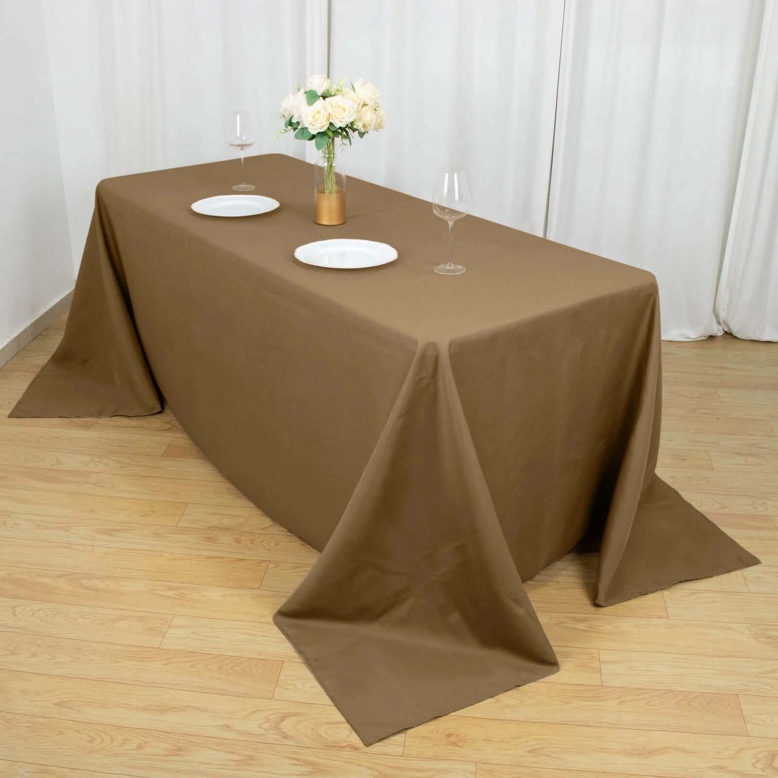 Get This Seamless, Wrinkle-Resistant 90x132 Polyester Rectangle Taupe Tablecloth Now!