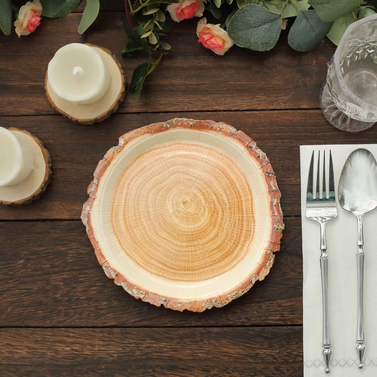 25-Piece Set of 7-Inch Round Disposable Paper Dessert Plates with Natural Wood Slice Print for Rustic Events
