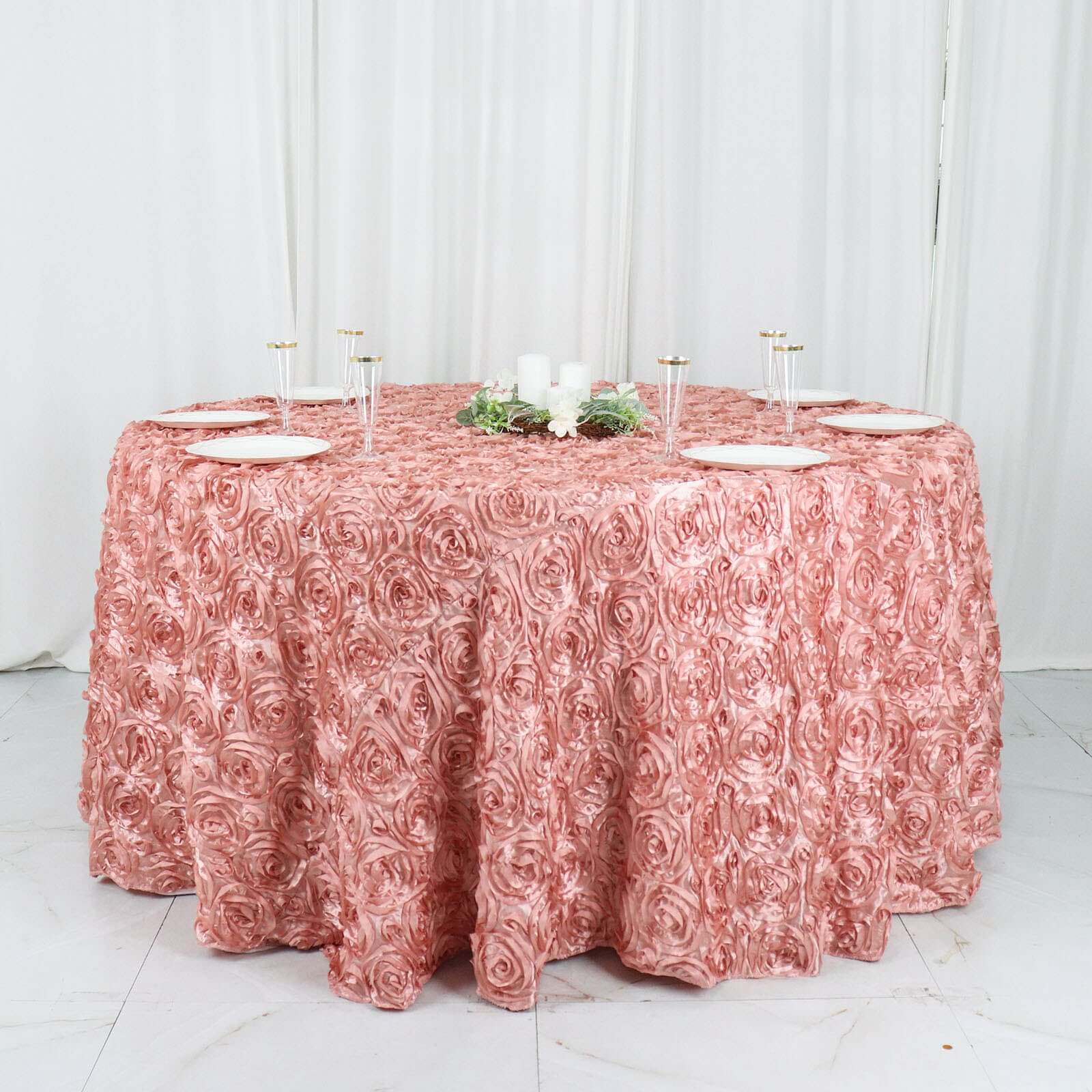 Hot! Dusty Rose Satin 120 Round Tablecloth with 3D Rosette & Seamless Finish