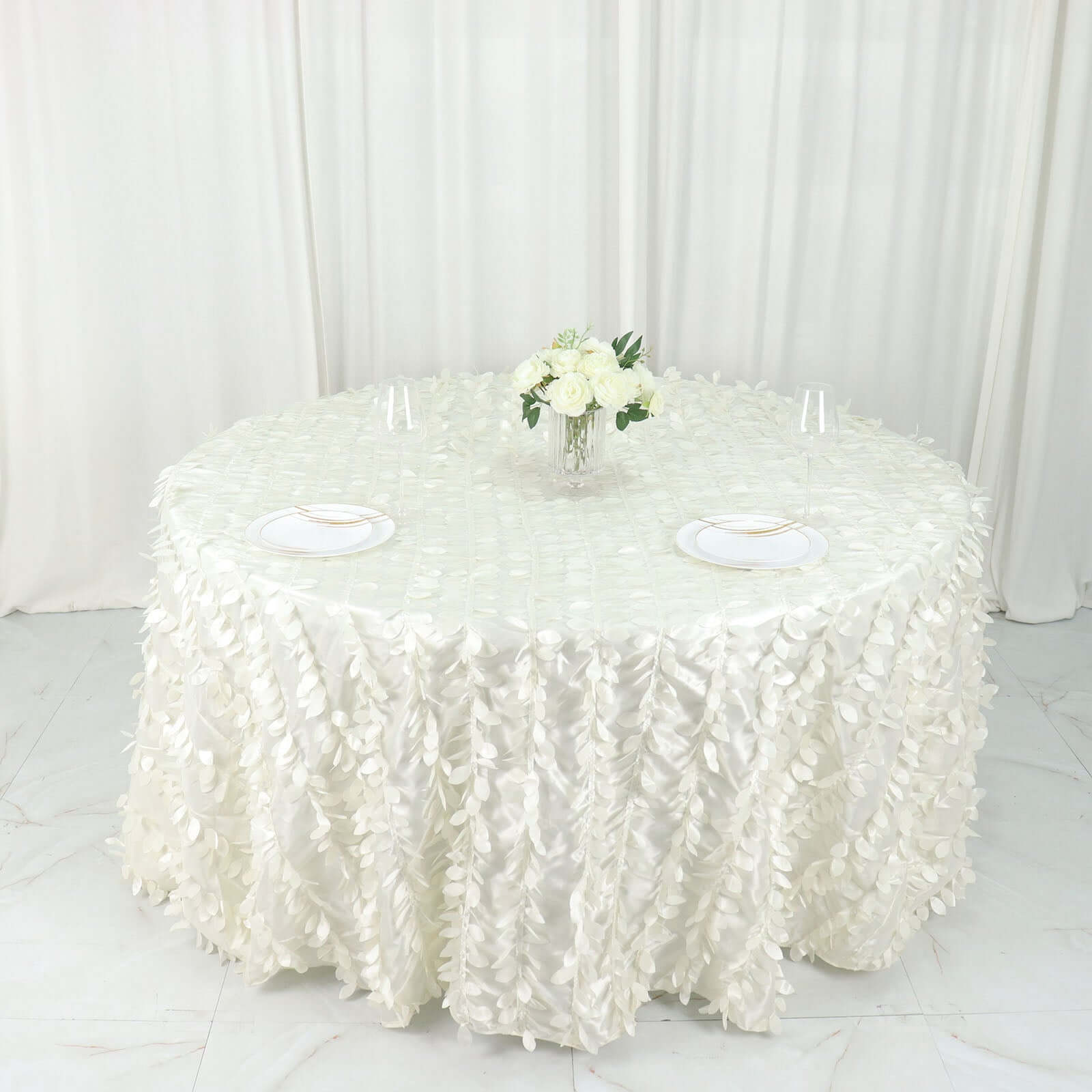 Ivory 132' Taffeta Round Tablecloth with Stunning 3D Leaf Petal Design