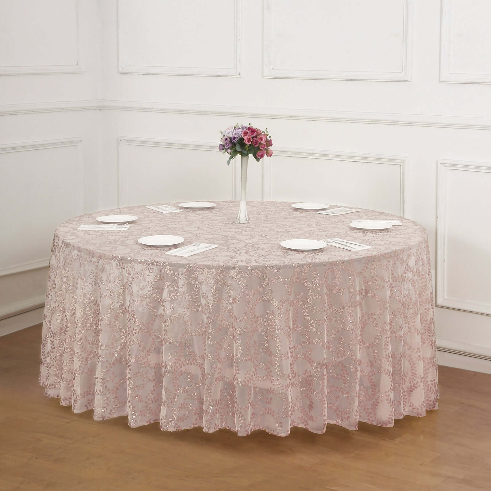 Hot Sale! 120' Round Seamless Rose Gold Tulle Tablecloth with Embroidered Sequin Leaf Design