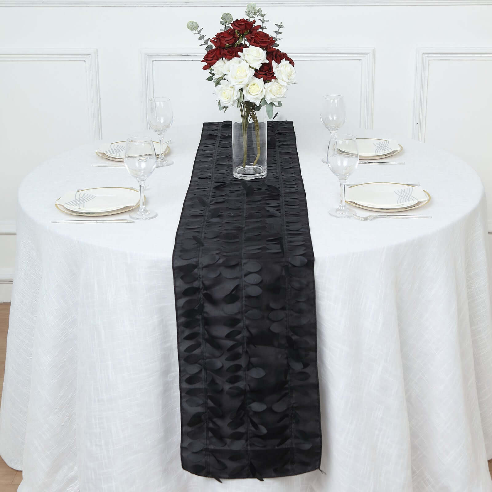 Exclusive Black Taffeta Table Runner with 3D Leaf Petal Design