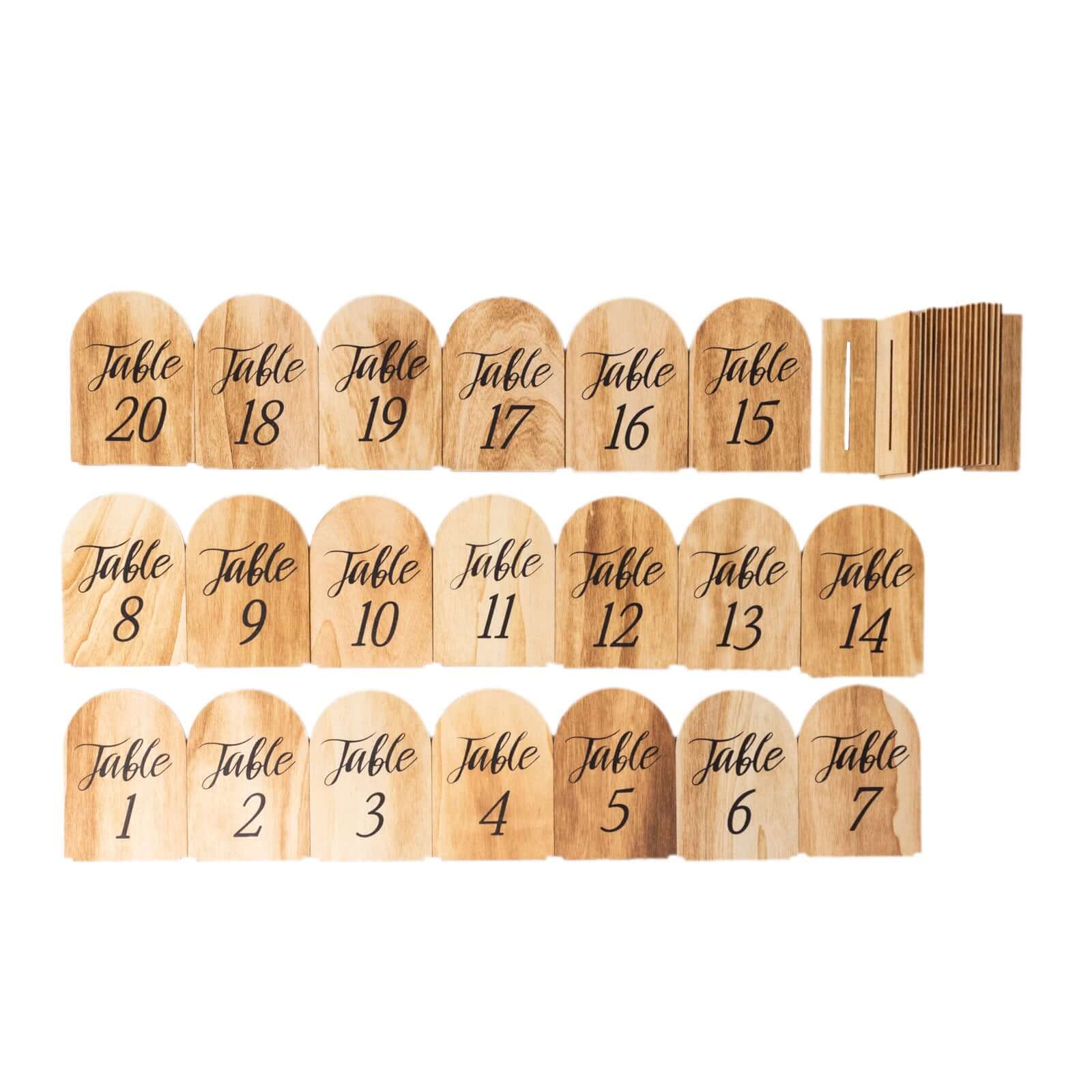 20-Piece Set of 4.5-Inch Natural Rustic Wooden Arch Table Numbers 1 - 20 for Weddings and Events