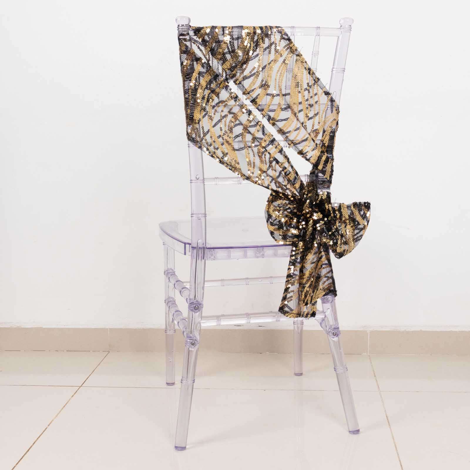 Set of 5 Black/Gold Wave Embroidered Sequin Chair Sashes - Elegant Wedding Decor