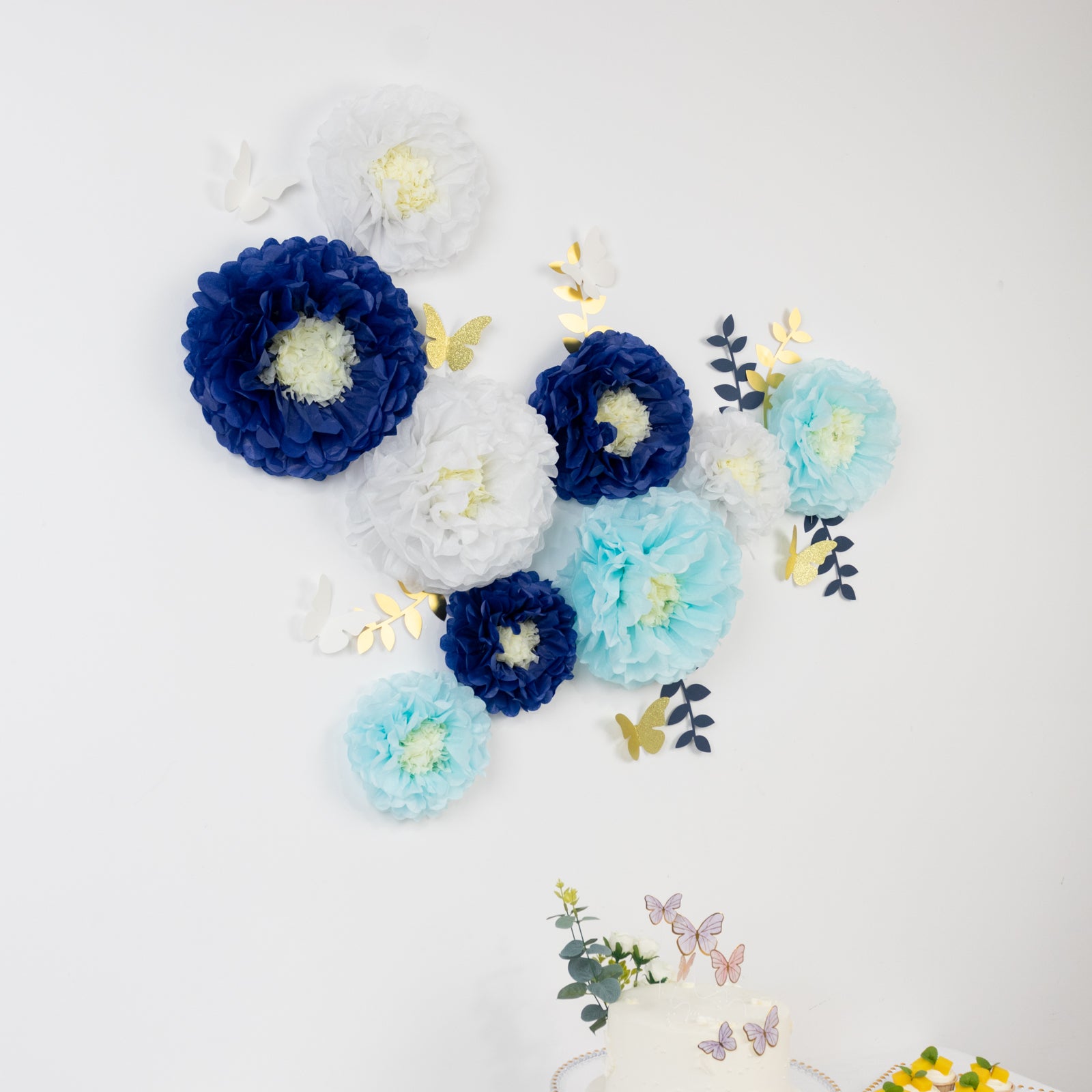 21-Piece Tissue Paper Pom Pom Decor Kit - White & Blue 3D Chrysanthemum Wall Decor with Butterflies & Olive Leaves
