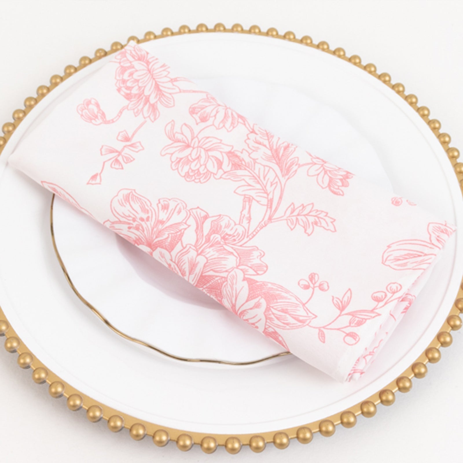 Hot Deal! 5-Pack 20x20 Pink & White French Toile Floral Polyester Reusable Dinner Napkins