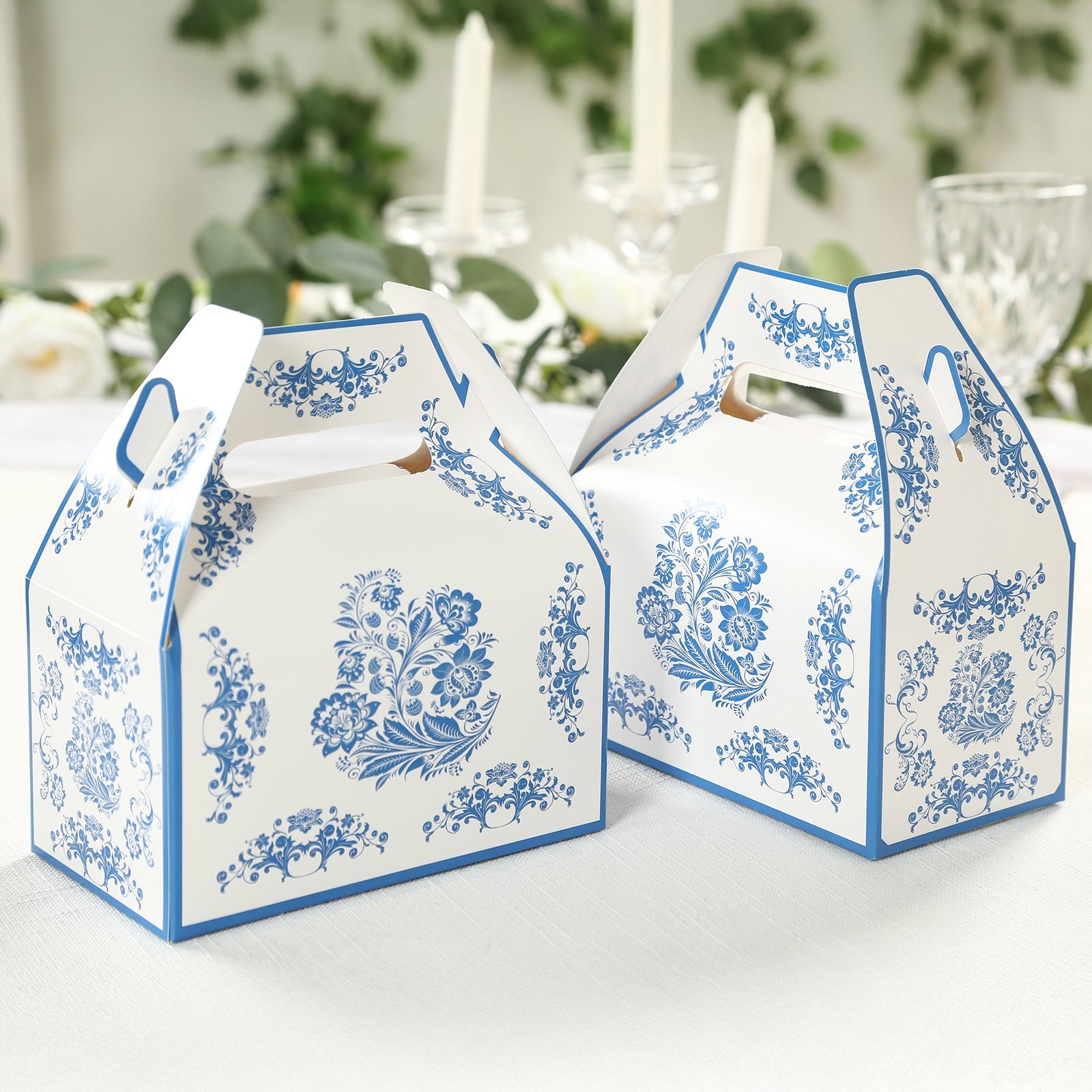 25-Pack White and Royal Blue Floral Damask Tote Gable Party Favor Candy Gift Boxes