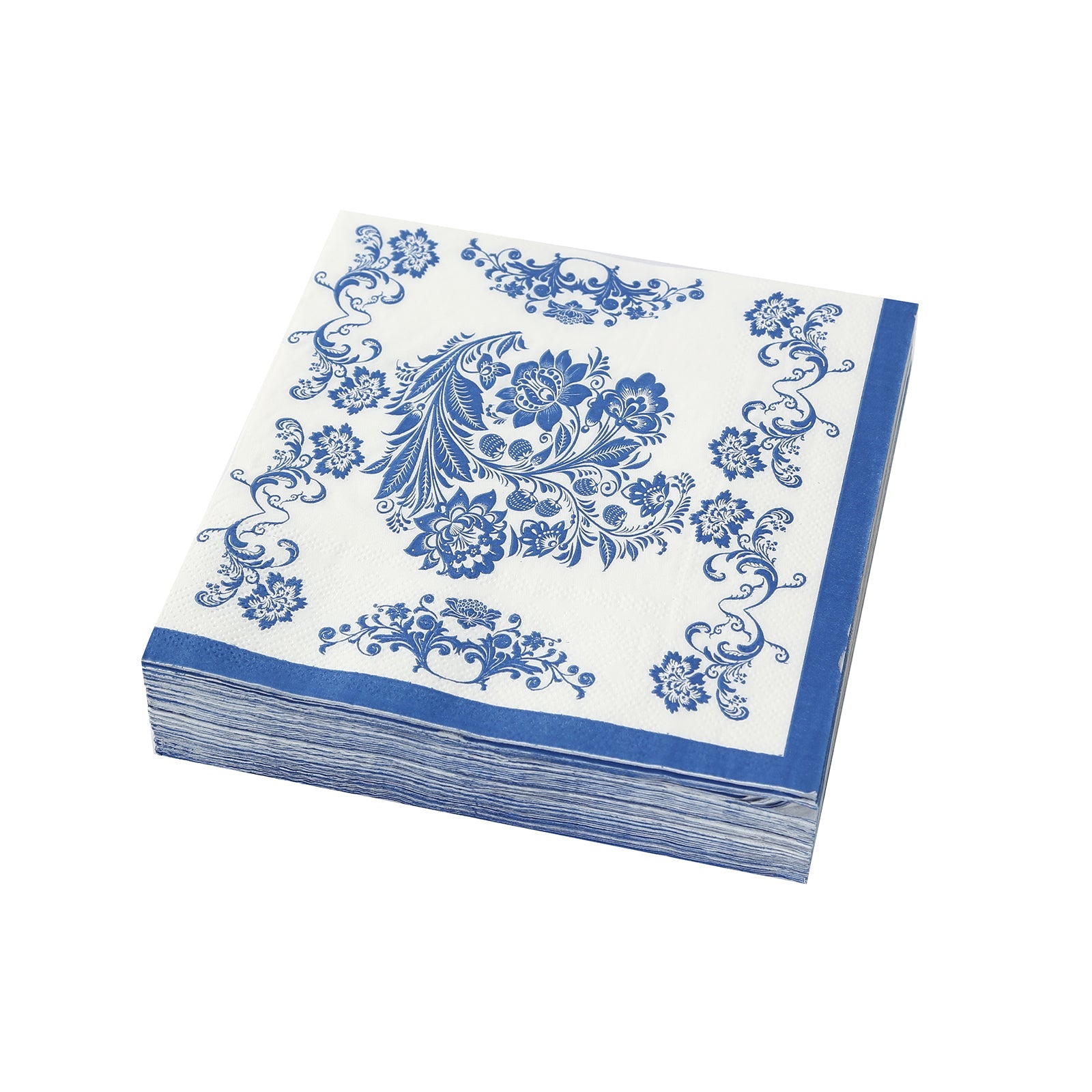 50-Pack Disposable 2-Ply Paper Cocktail Napkins in White & Royal Blue Damask - Soft & Highly Absorbent