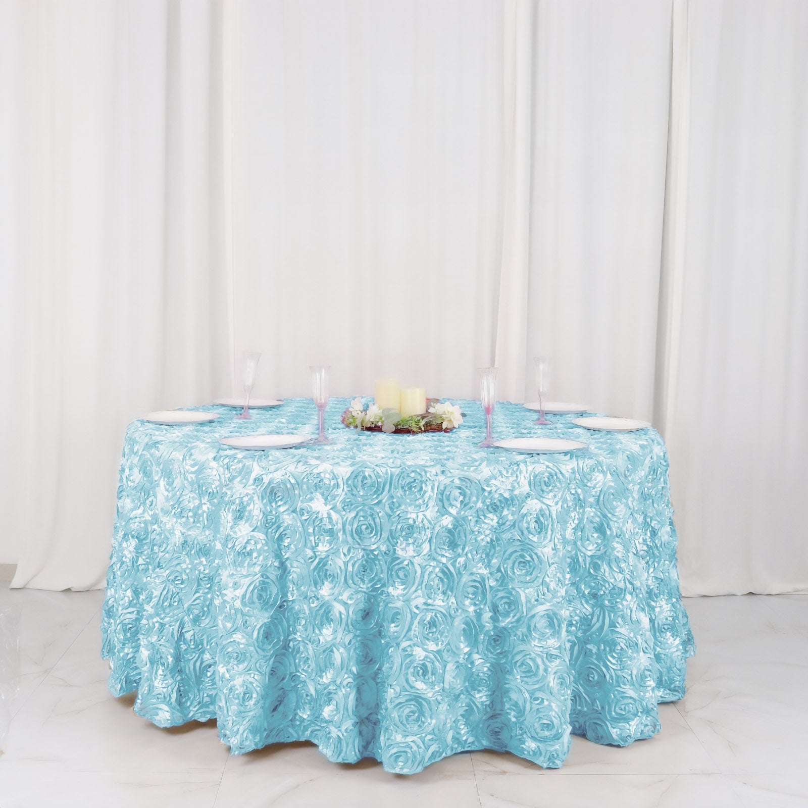 Light Blue 120-Inch Round Satin Tablecloth with Stunning 3D Rosette and Seamless Finish