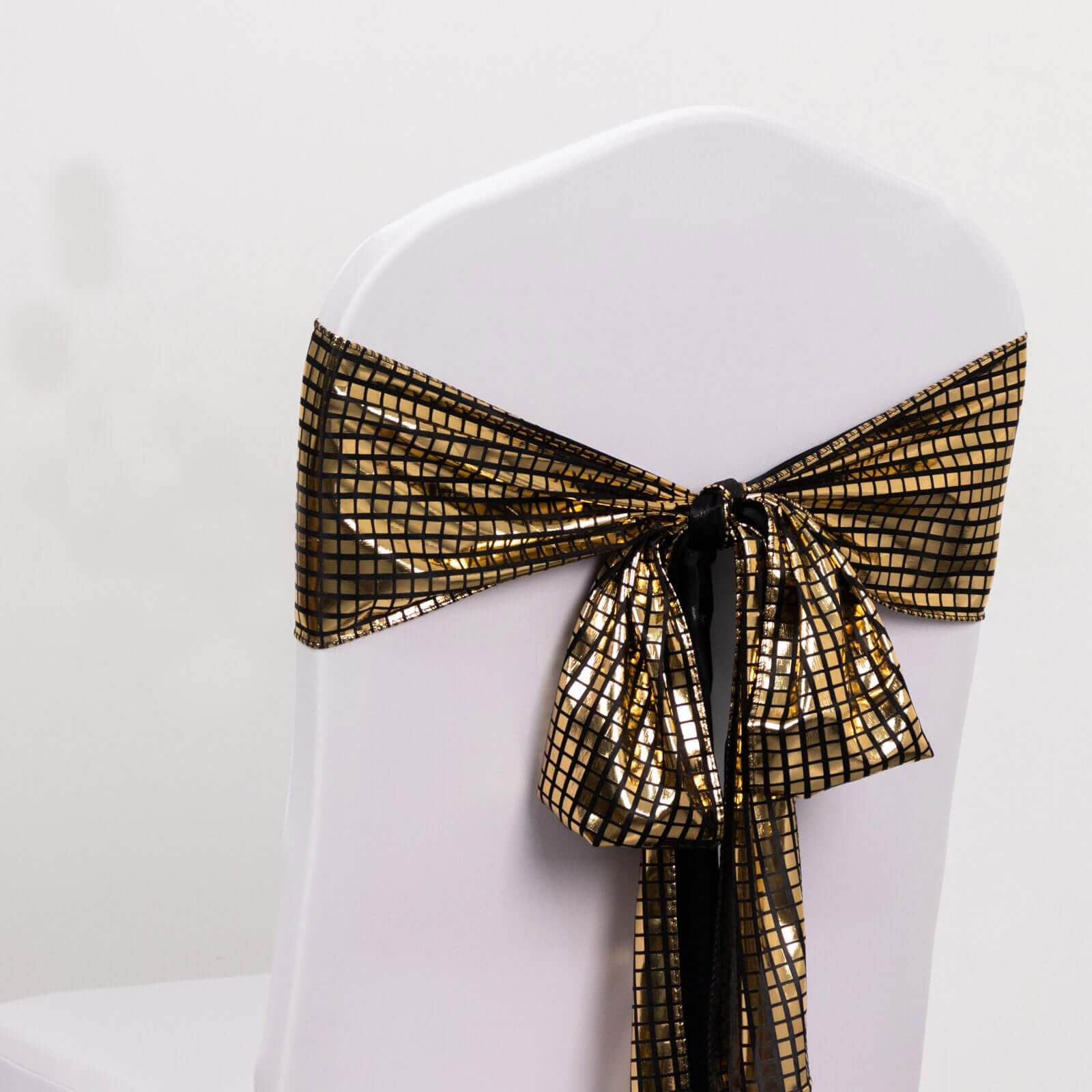 Hot Deal! 5-Pack Black/Gold Shiny Foil Polyester Chair Sashes for Disco Events