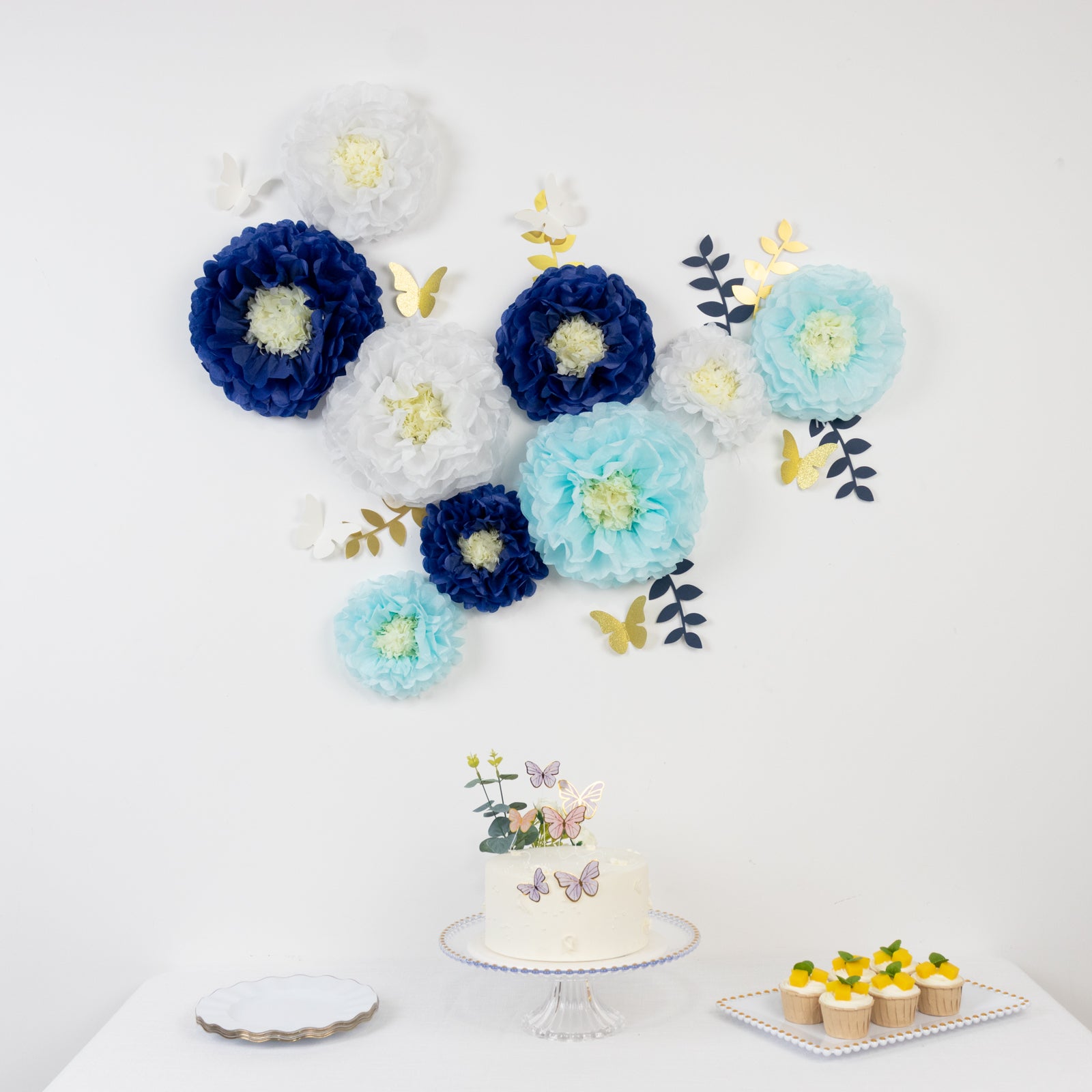 21-Piece Tissue Paper Pom Pom Decor Kit - White & Blue 3D Chrysanthemum Wall Decor with Butterflies & Olive Leaves