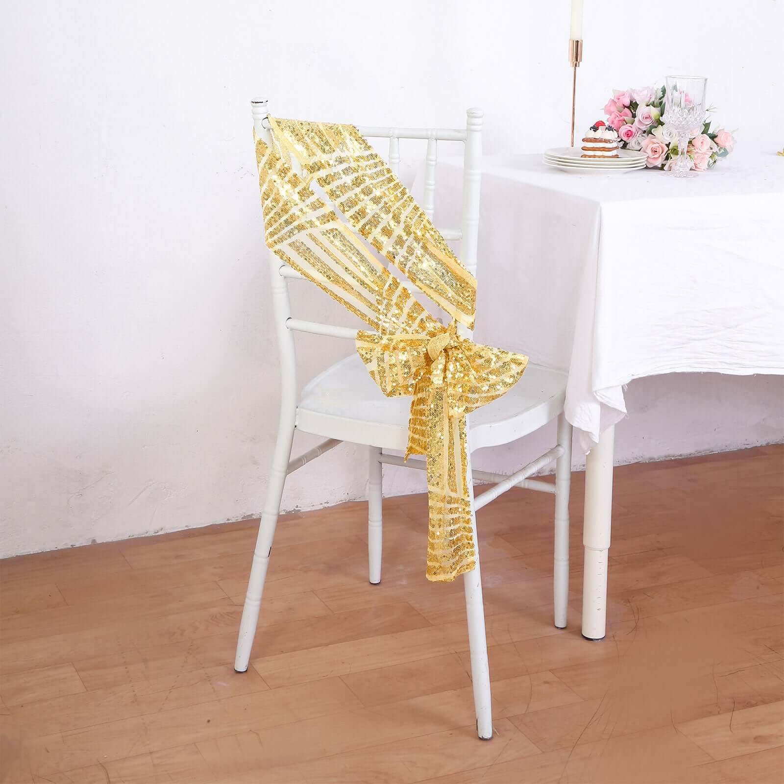 Hot Deal! 5-Pack Gold Glitter Sequin Chair Sashes with Geometric Diamond Design for Weddings