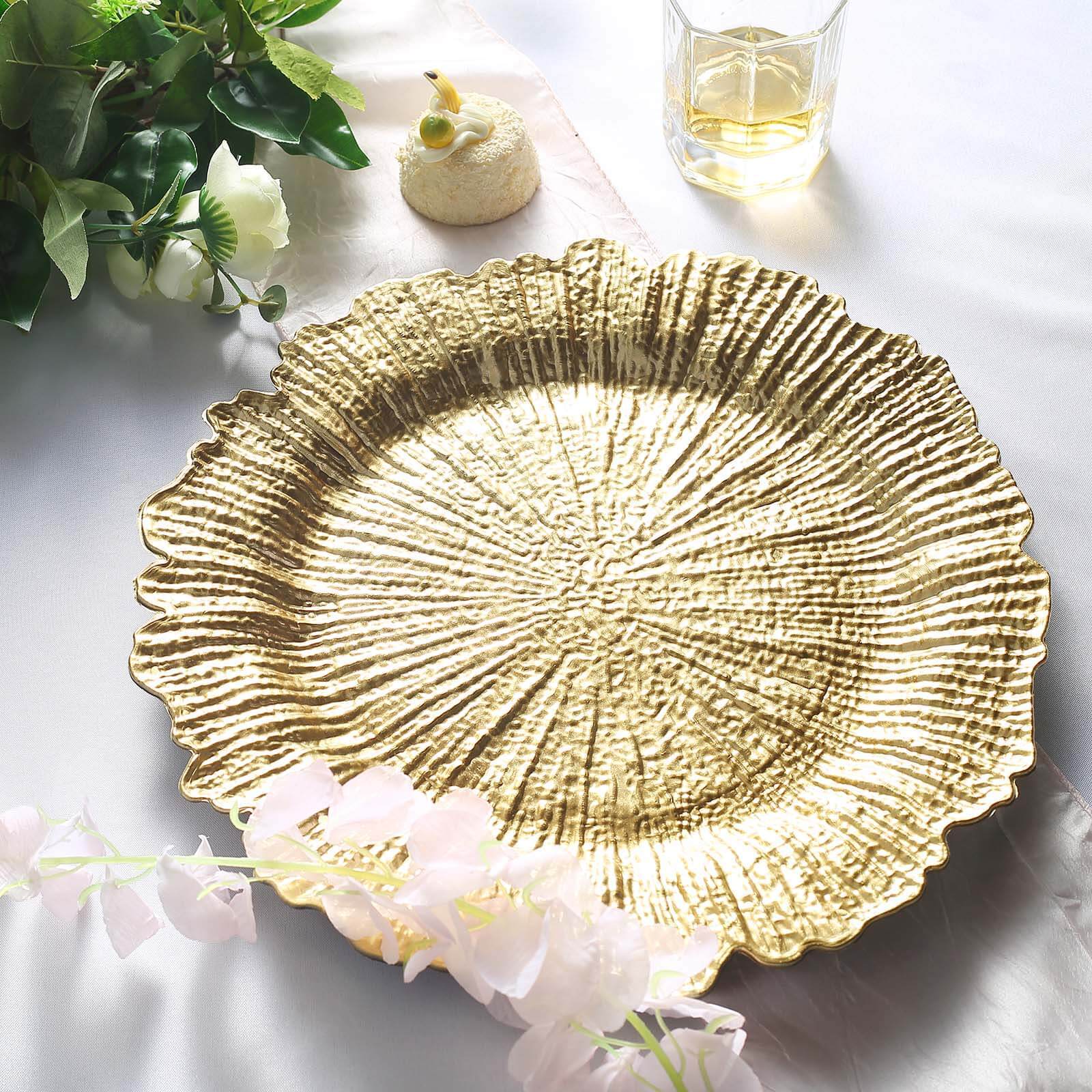 Hot Sale! 6-Piece Set of 13-Inch Gold Acrylic Round Charger Plates with Reef Design for Classy Dinners