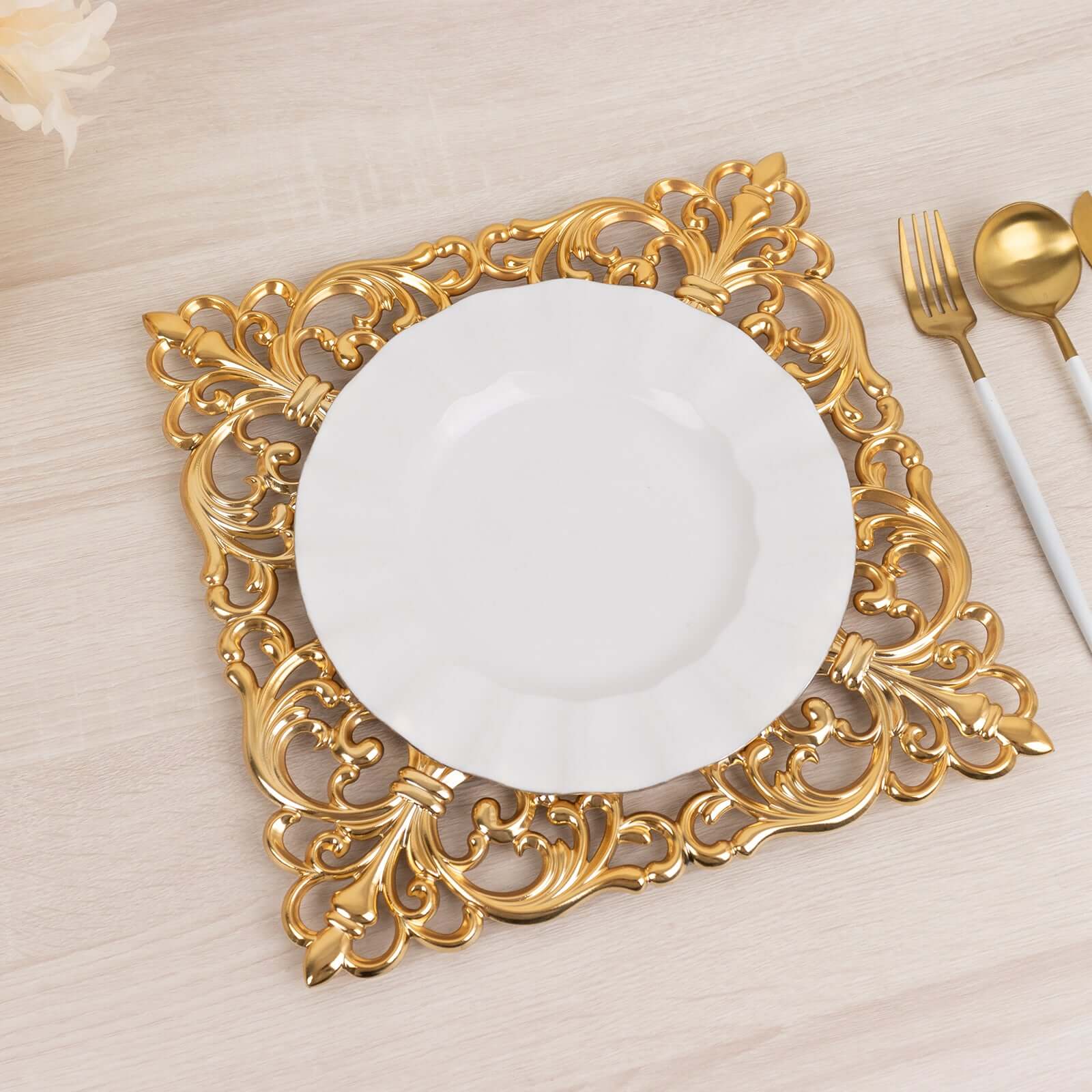 Hot Sale! 6-Piece Set of 12-Inch Gold Acrylic Square Charger Plates with Hollow Lace Border for Event Decor