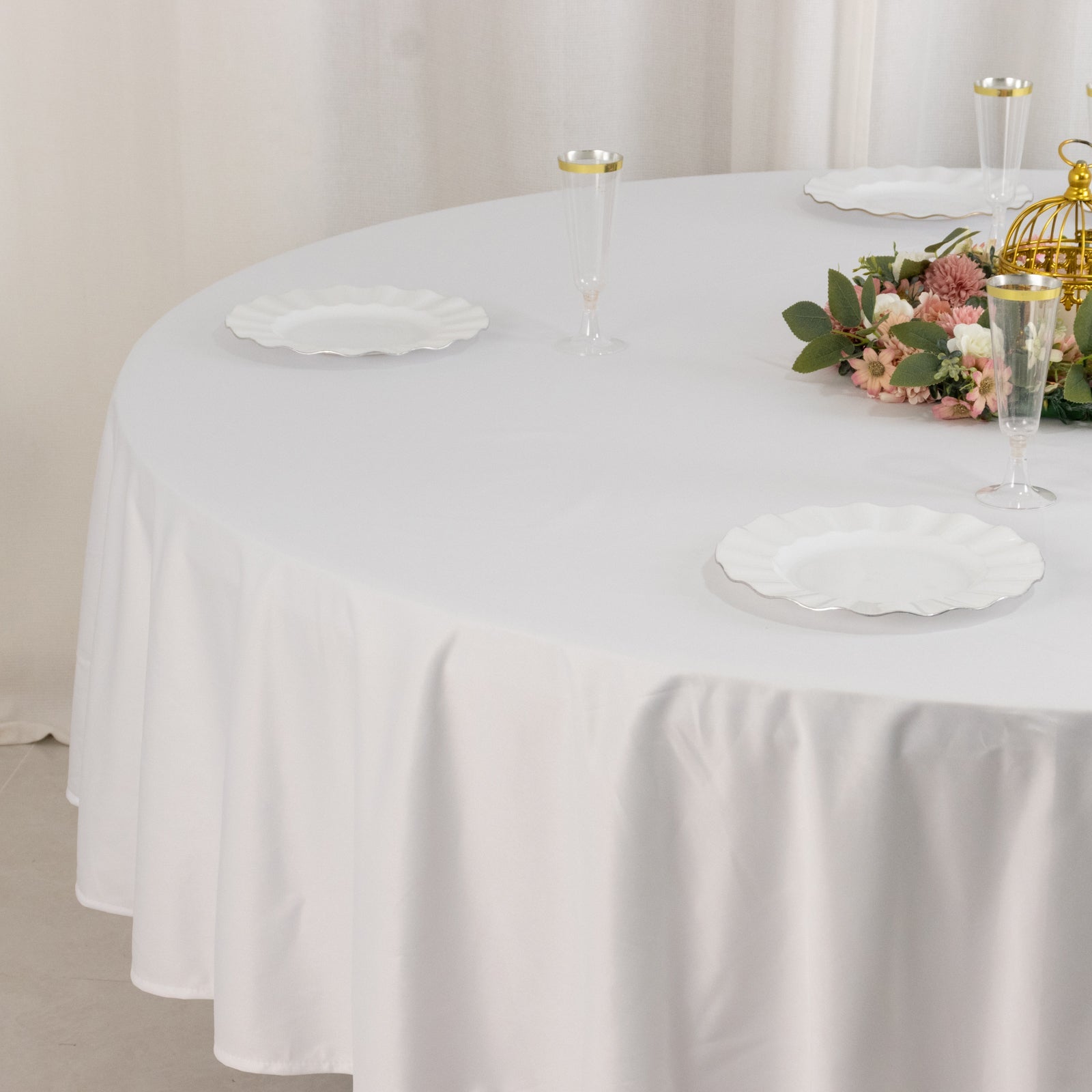 White 90' Premium Scuba Round Tablecloth - Wrinkle & Stain Resistant for Weddings and Banquets