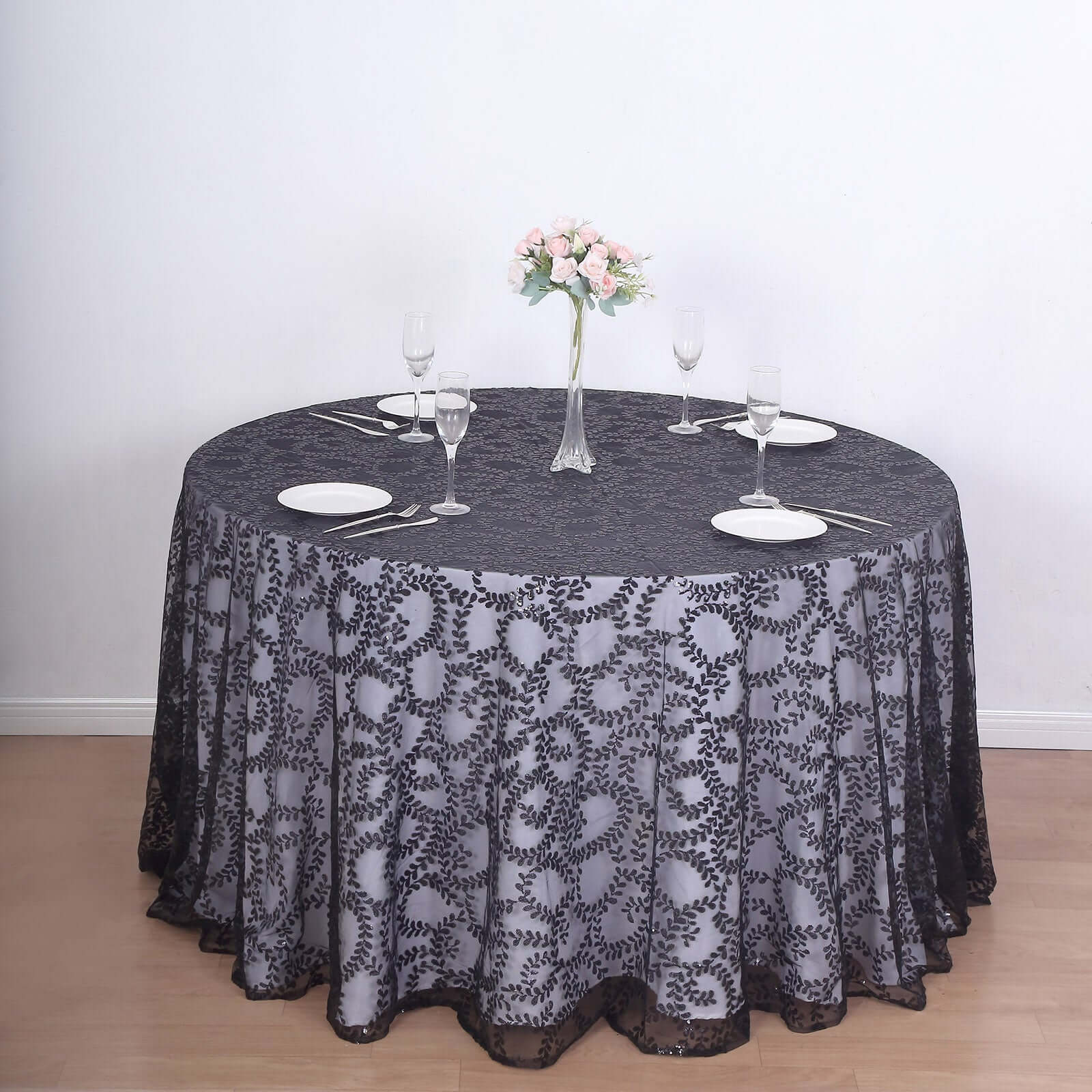 Sparkling Seamless Black Tulle Round Tablecloth with Leaf Embroidered for Special Events