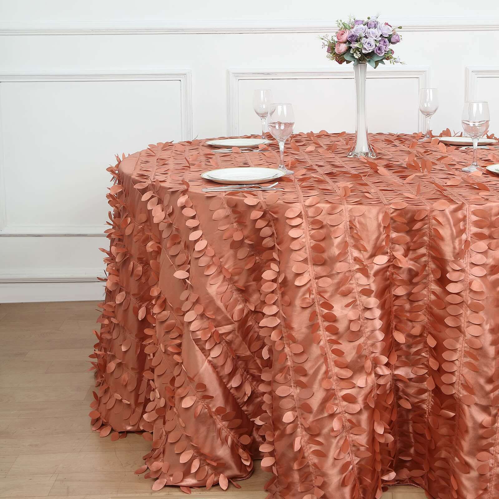 Exclusive 132' Round Taffeta Tablecloth in Terracotta (Rust) with 3D Leaf Petal Design