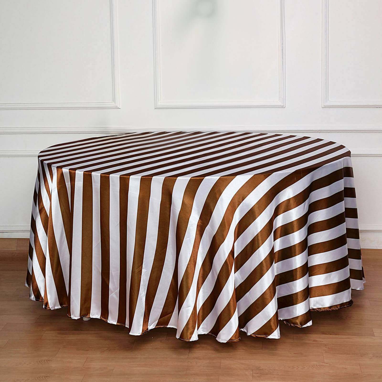 Hot Sale! 120-Inch Round Gold/White Stripe Satin Tablecloth with Seamless Smooth Finish