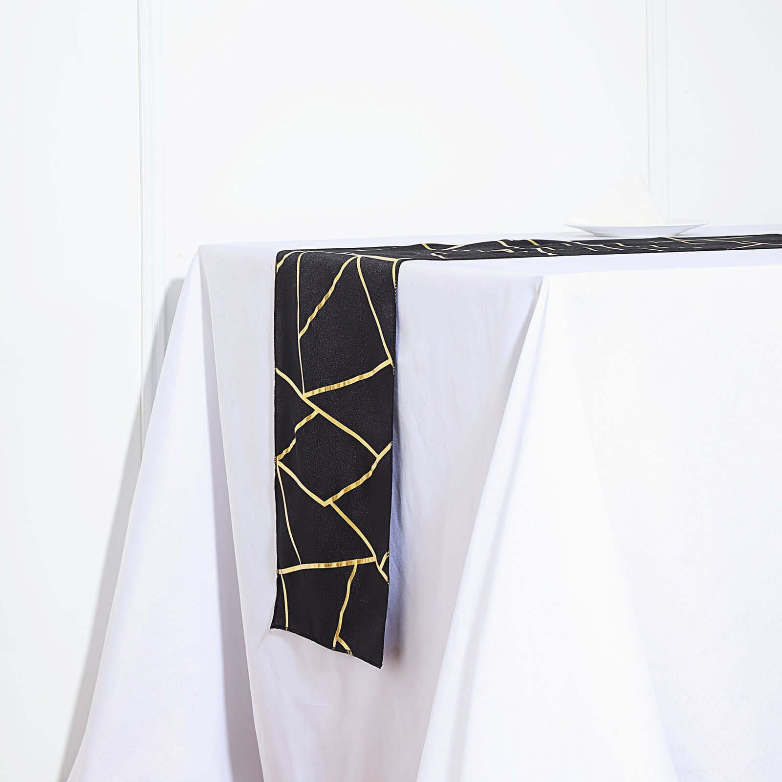 9ft Black Polyester Table Runner with Stunning Gold Foil Geometric Accent