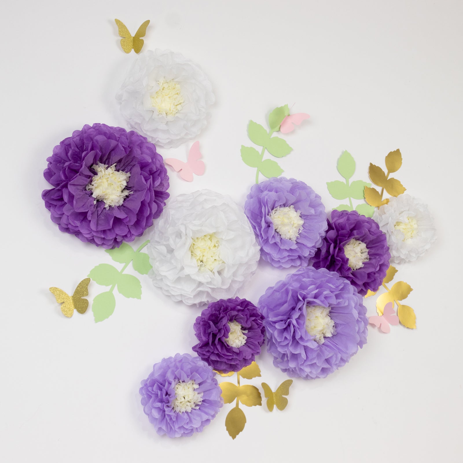 Hot! 21-Piece Tissue Paper Flower Pom Poms Decor Kit - White & Purple 3D Chrysanthemum Wall Decor with Butterflies & Olive Leaves