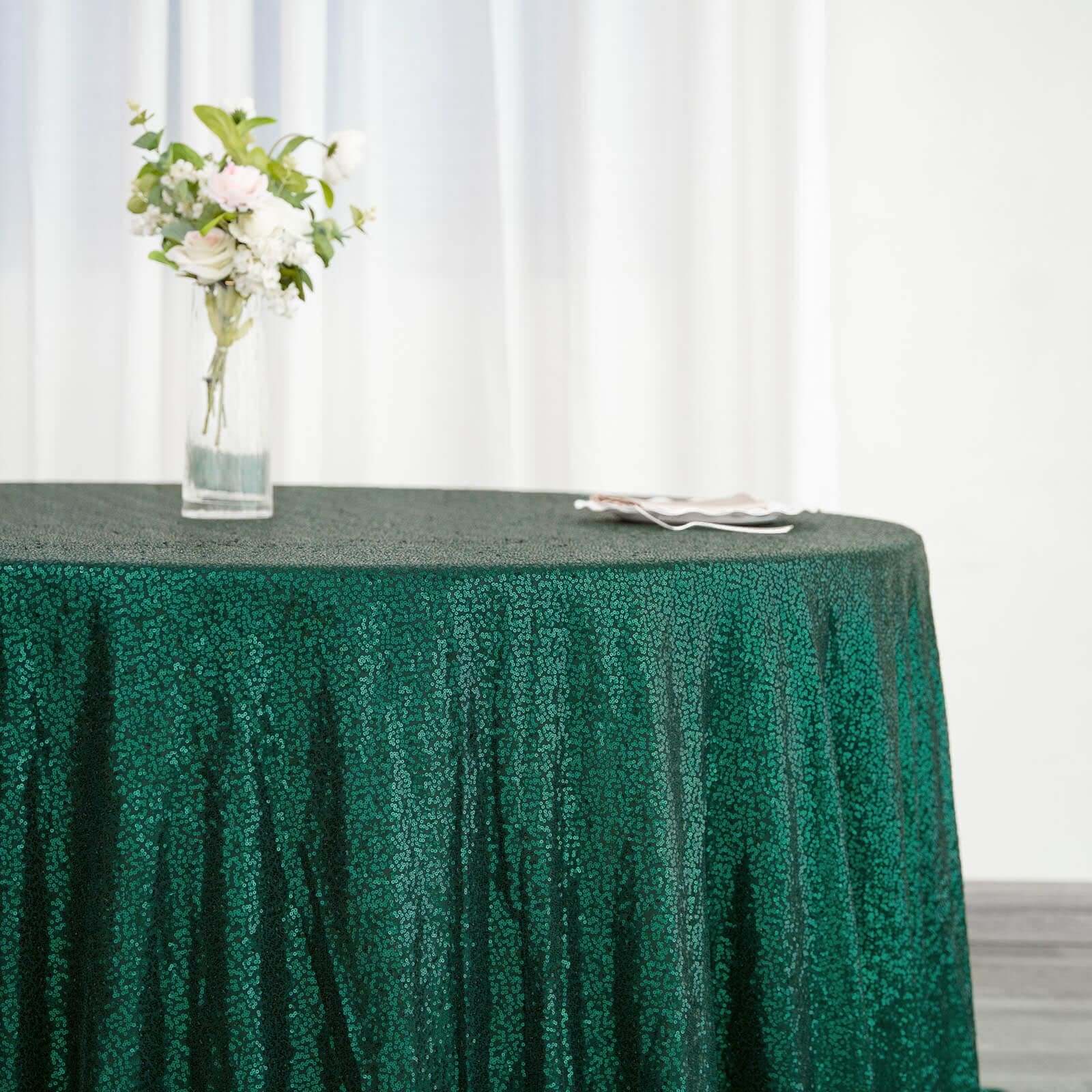 Hunter Emerald Green Seamless 132' Round Sequin Tablecloth - Dazzling Table Cover