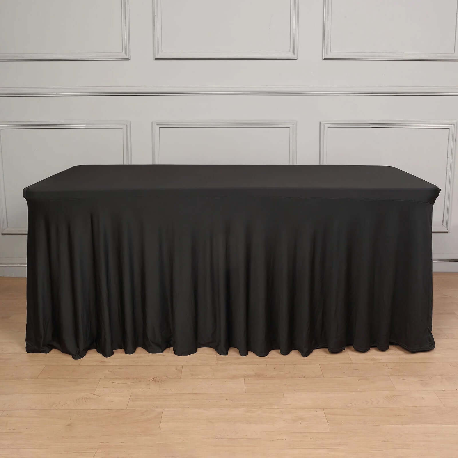Hot! Black Spandex 72x30 Rectangle Table Skirt with Wavy Effect