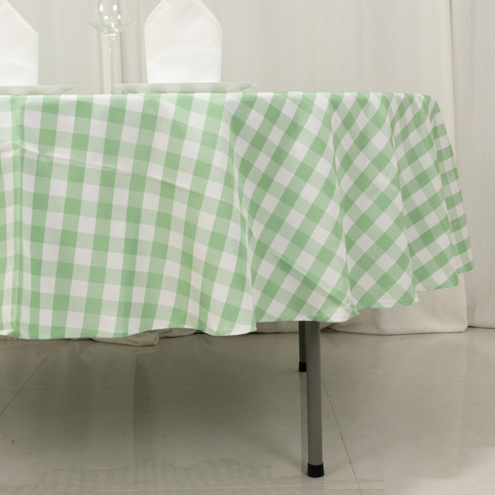 Hot! Polyester 90" Round Checkered Buffalo Plaid Tablecloth in White/Sage Green