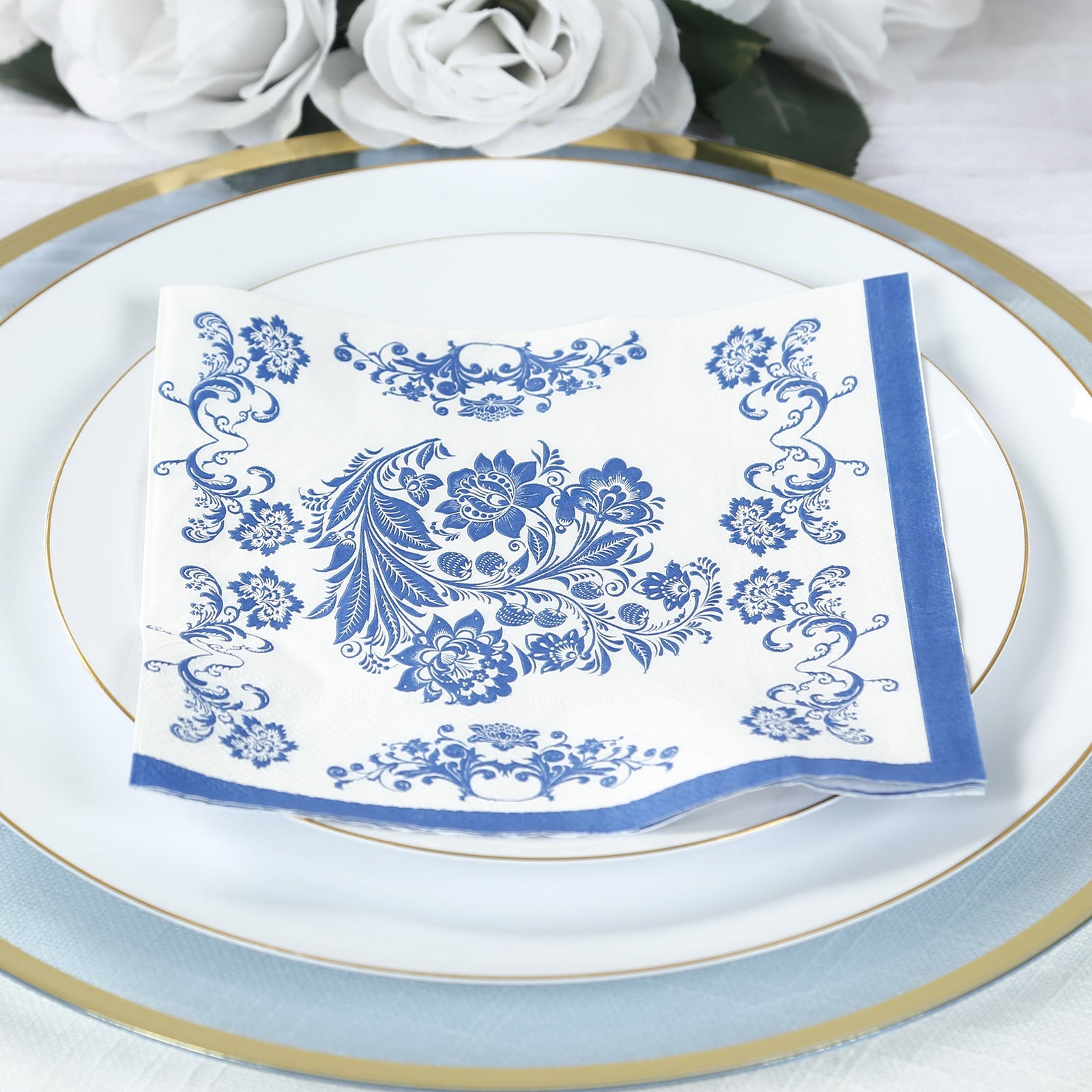 50-Pack Disposable 2-Ply Paper Cocktail Napkins in White & Royal Blue Damask - Soft & Highly Absorbent