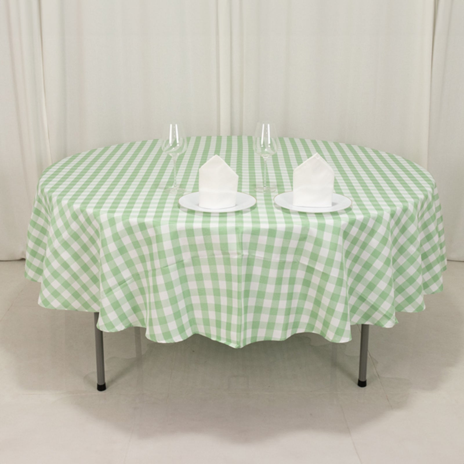 Hot! Polyester 90" Round Checkered Buffalo Plaid Tablecloth in White/Sage Green