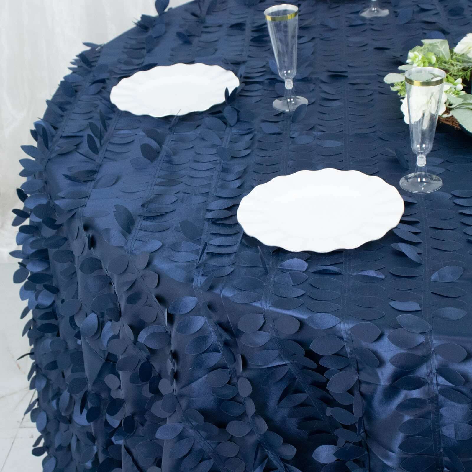 Hot Sale! Navy Blue Taffeta 132-Inch Round Tablecloth with 3D Leaf Petal Design