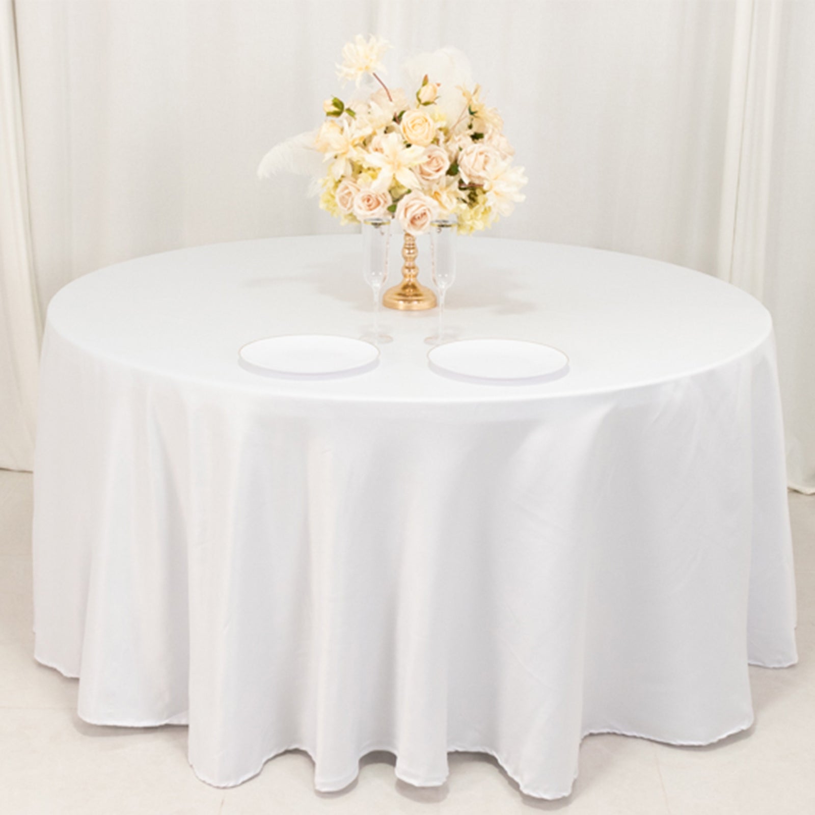 Exclusive White Lamour Satin 120" Round Tablecloth for Upscale Events