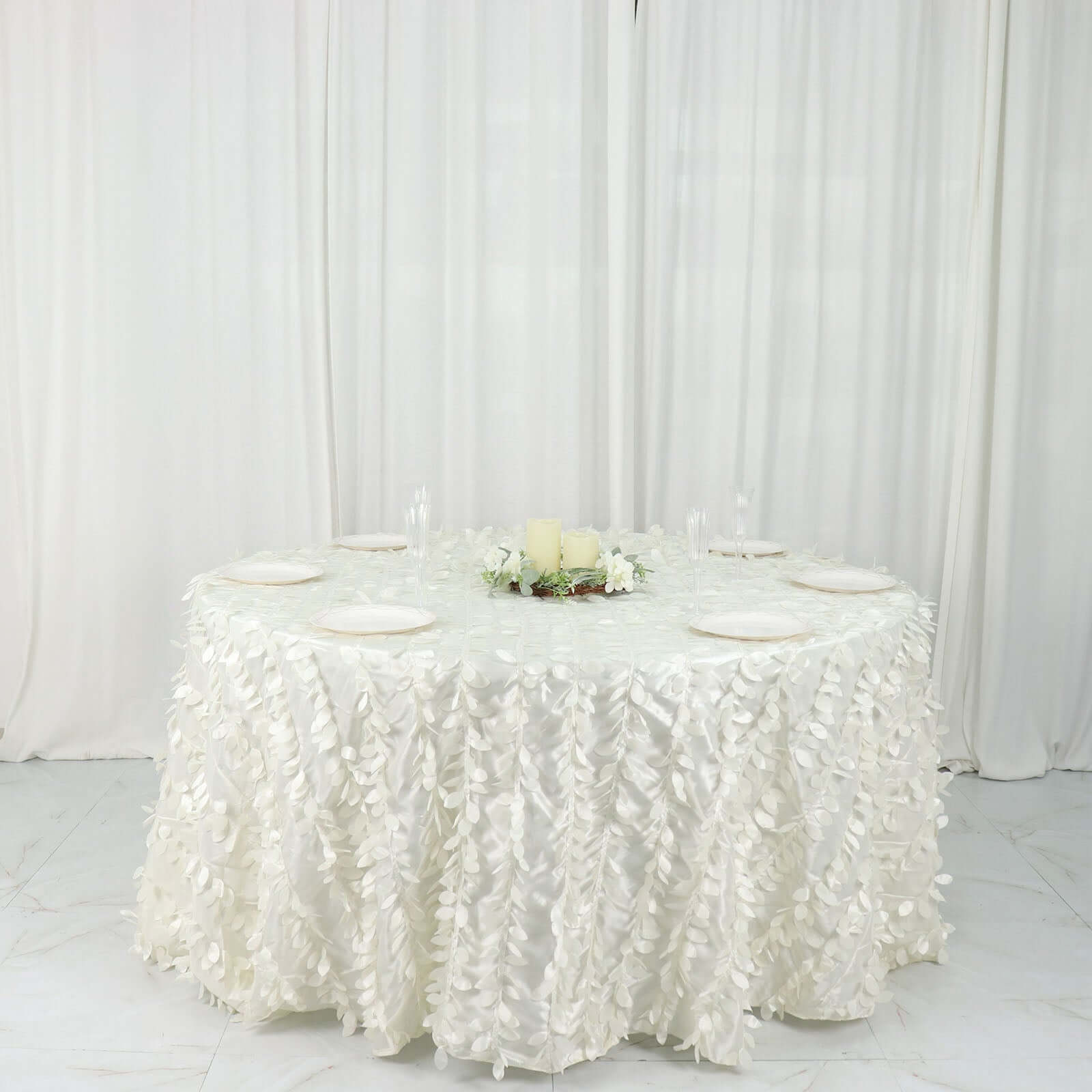 Ivory 132' Taffeta Round Tablecloth with Stunning 3D Leaf Petal Design