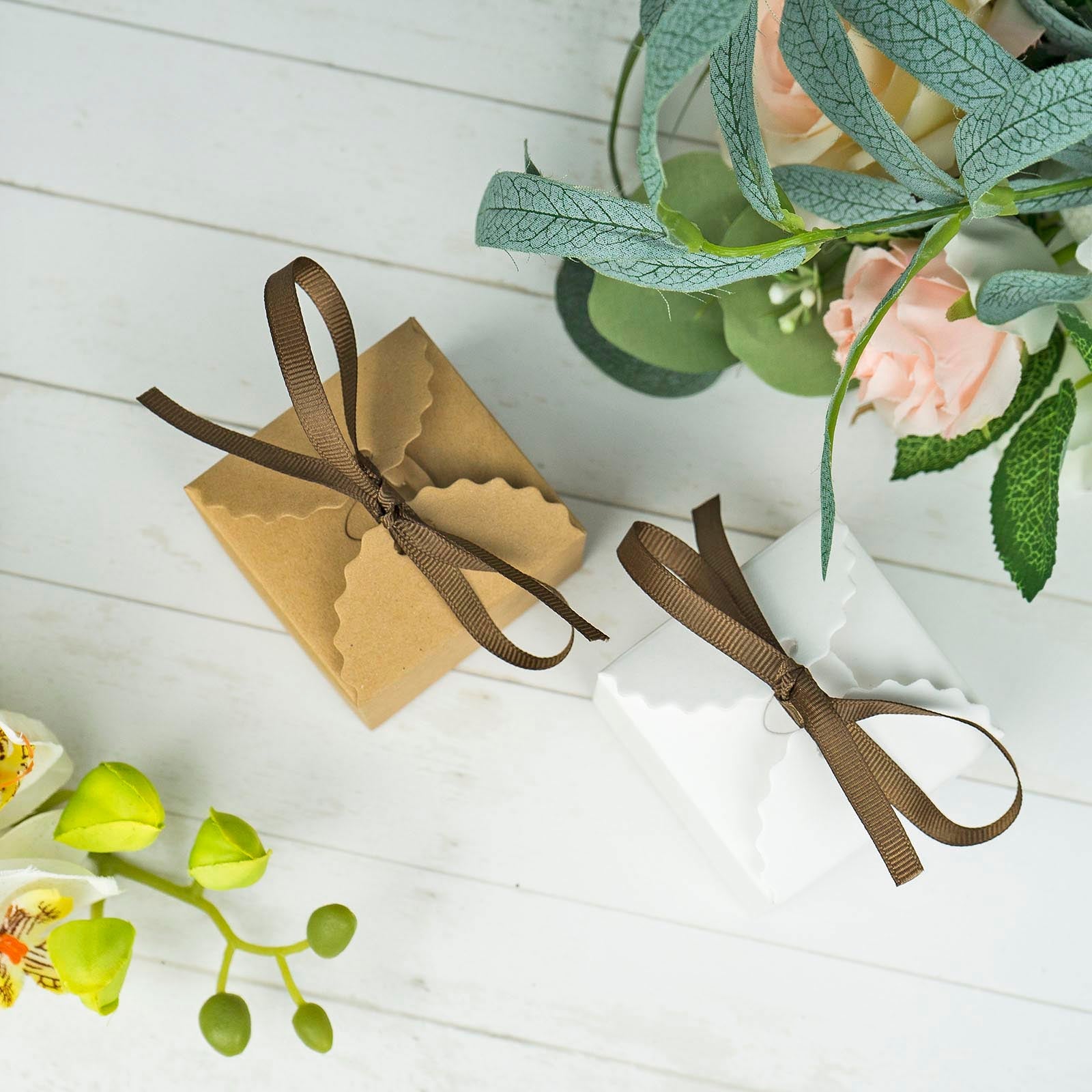 25-Piece Set of 2.5x2.5 White Cardstock Gift Boxes with Brown Grosgrain Ribbons