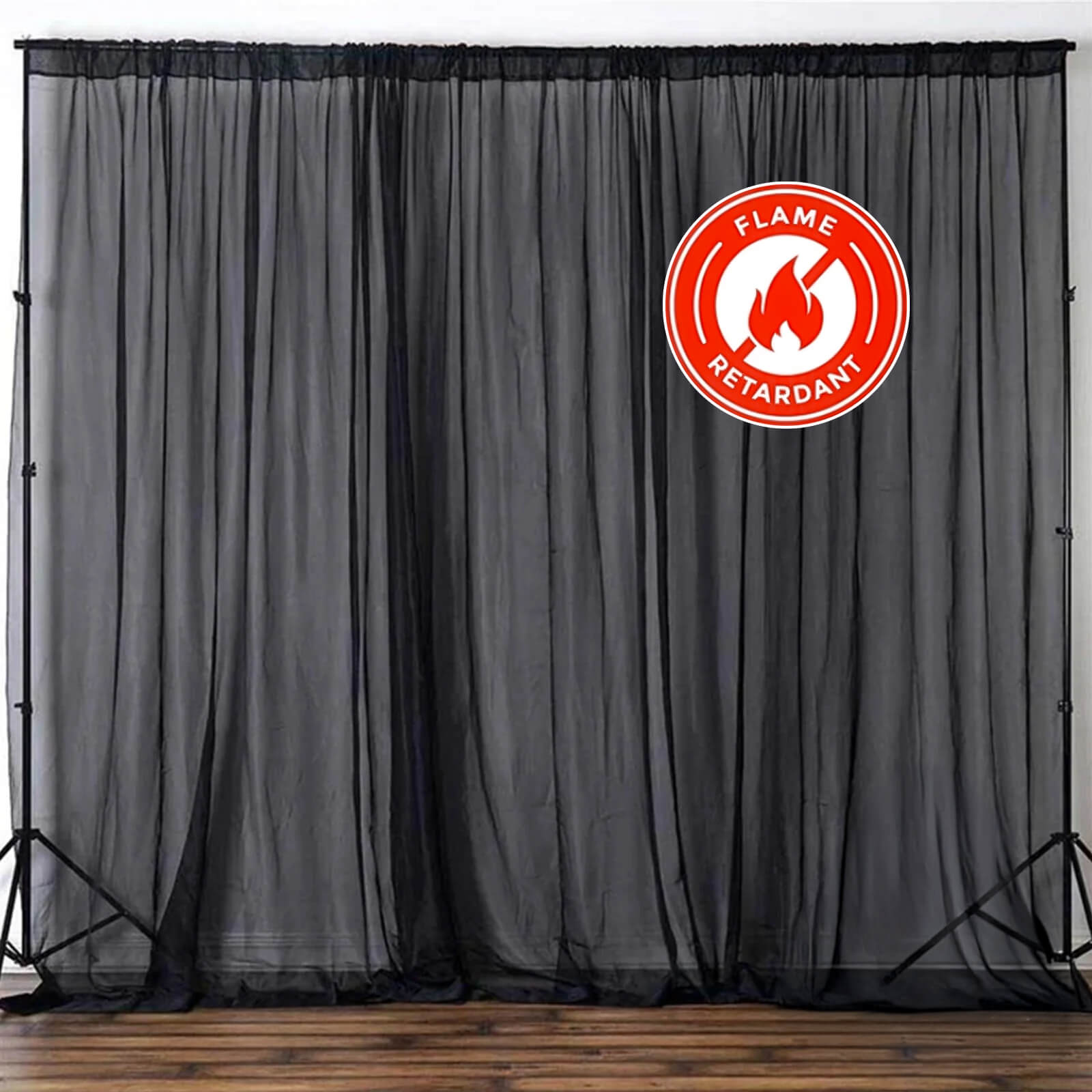 2-Pack 10ftx10ft Black Durable Flame-Resistant Chiffon Event Curtain Drapes with Rod Pockets