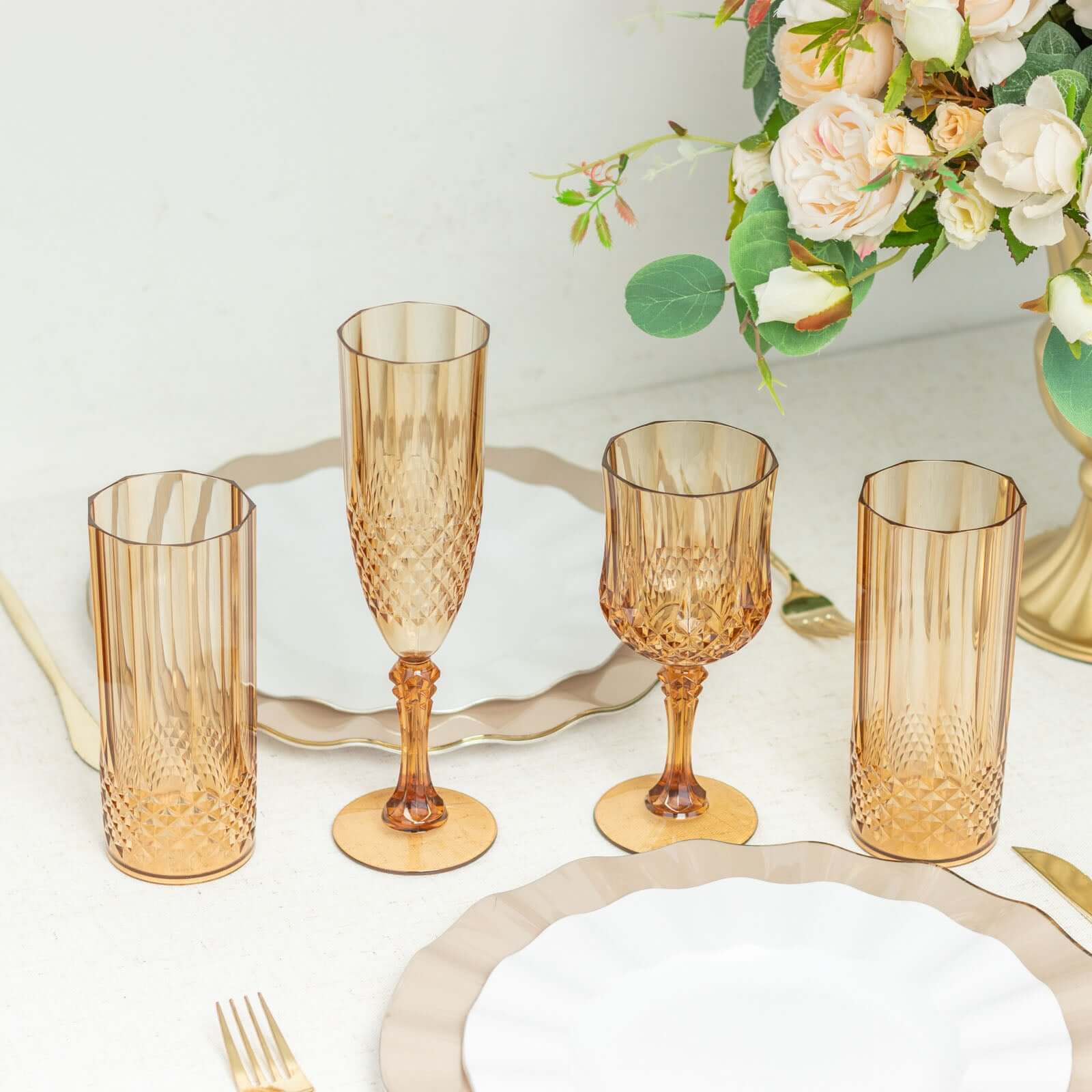 6-Piece Set of Reusable 8oz Amber Gold Plastic Champagne Toast Flutes with Crystal Cut Design