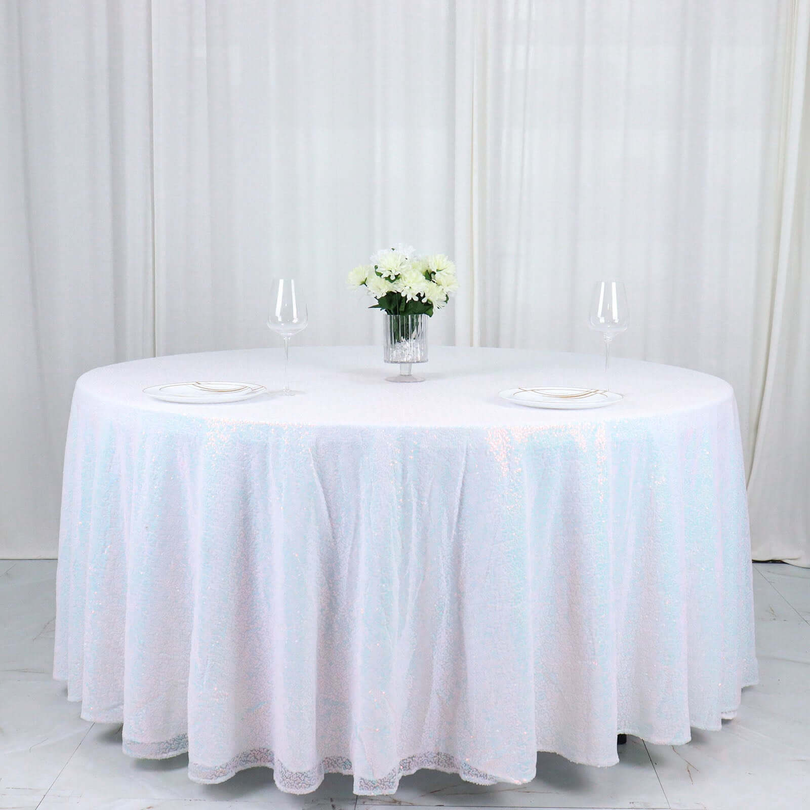 Hot! 120" Iridescent Blue Sequin Round Tablecloth - Seamless Glitter Cover