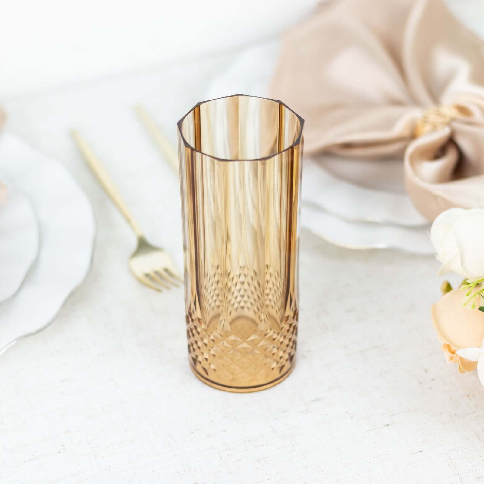 14oz Shatterproof 6-Pack Amber Gold Plastic Cocktail Tumblers with Crystal Cut Style
