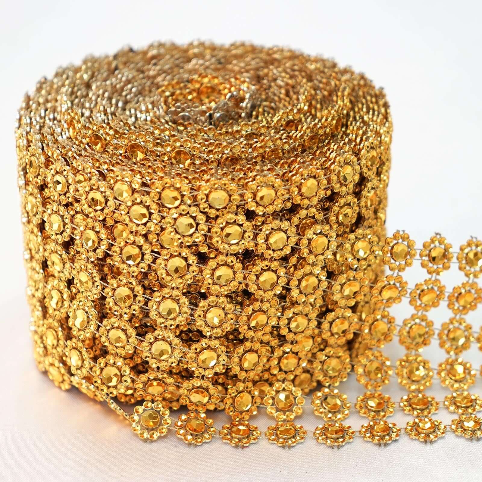 Hot Sale! 4 - inch Wide, 10 - Yard Gold Fleur Diamond Rhinestone Ribbon for DIY Crafts and Decor