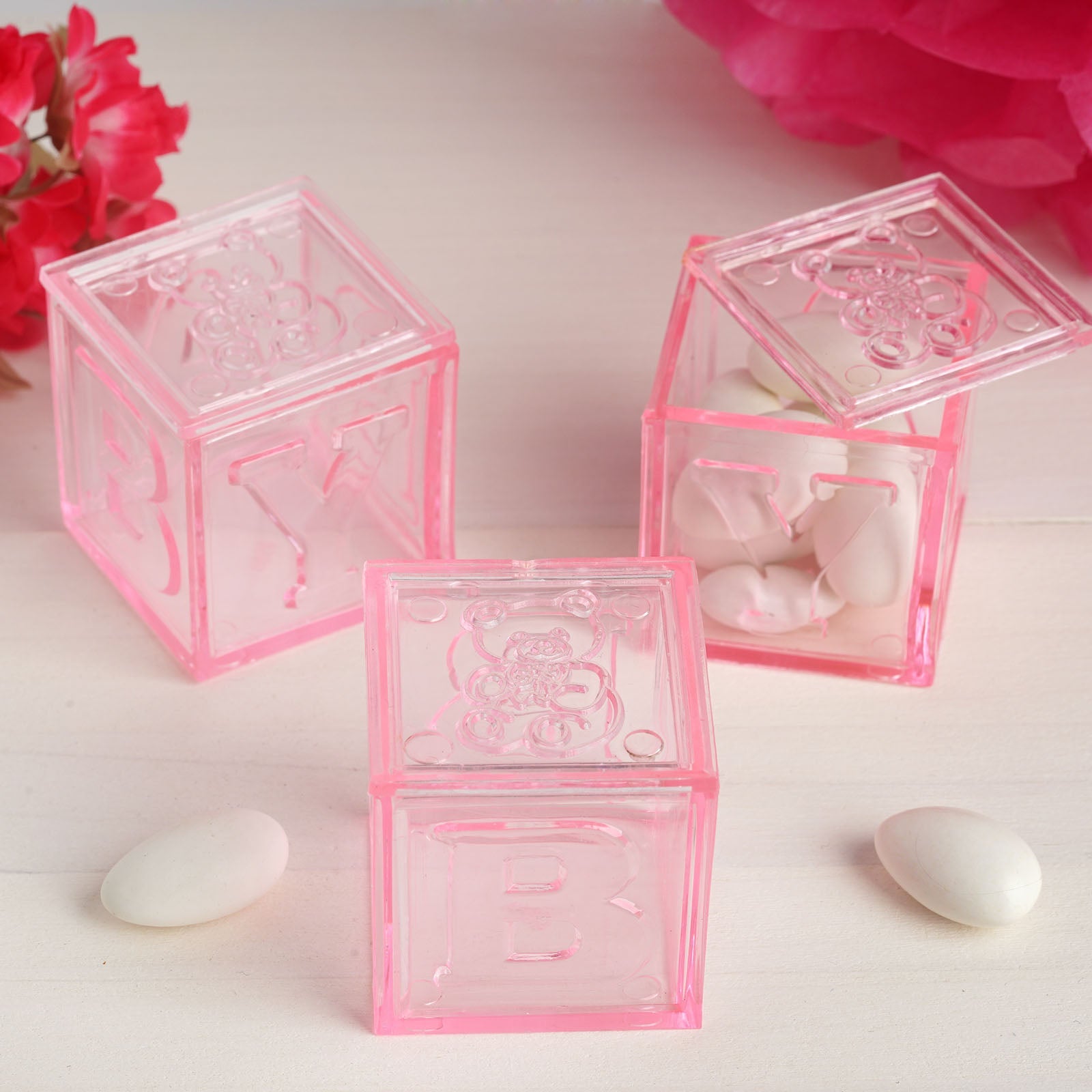 Hot Sale! 12-Pack Pink Plastic Fillable Baby Shower Candy Gift Boxes in Transparent Baby Blocks Shape