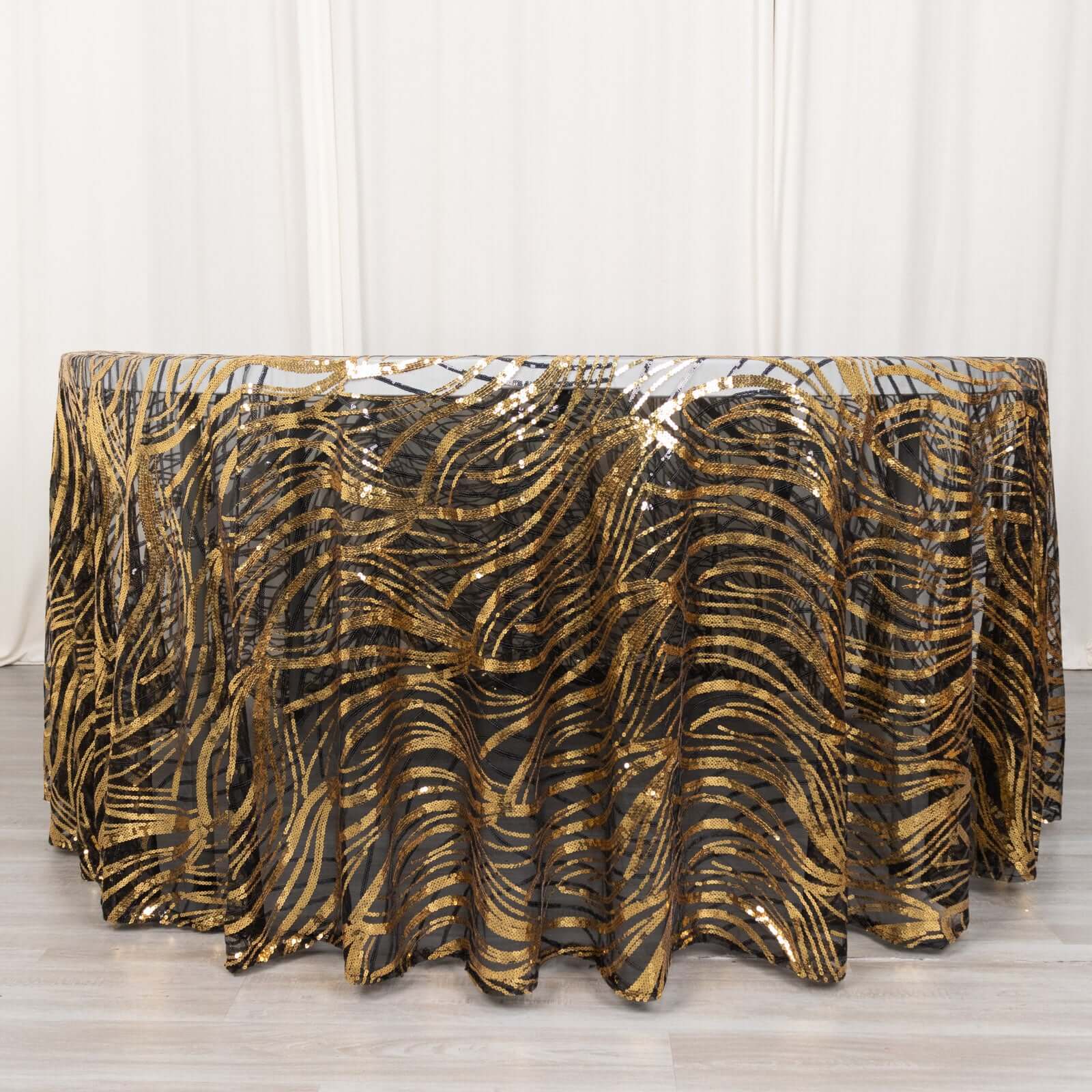Sparkling Sequin Mesh 120-Inch Round Tablecloth in Black and Gold - Ideal for Events